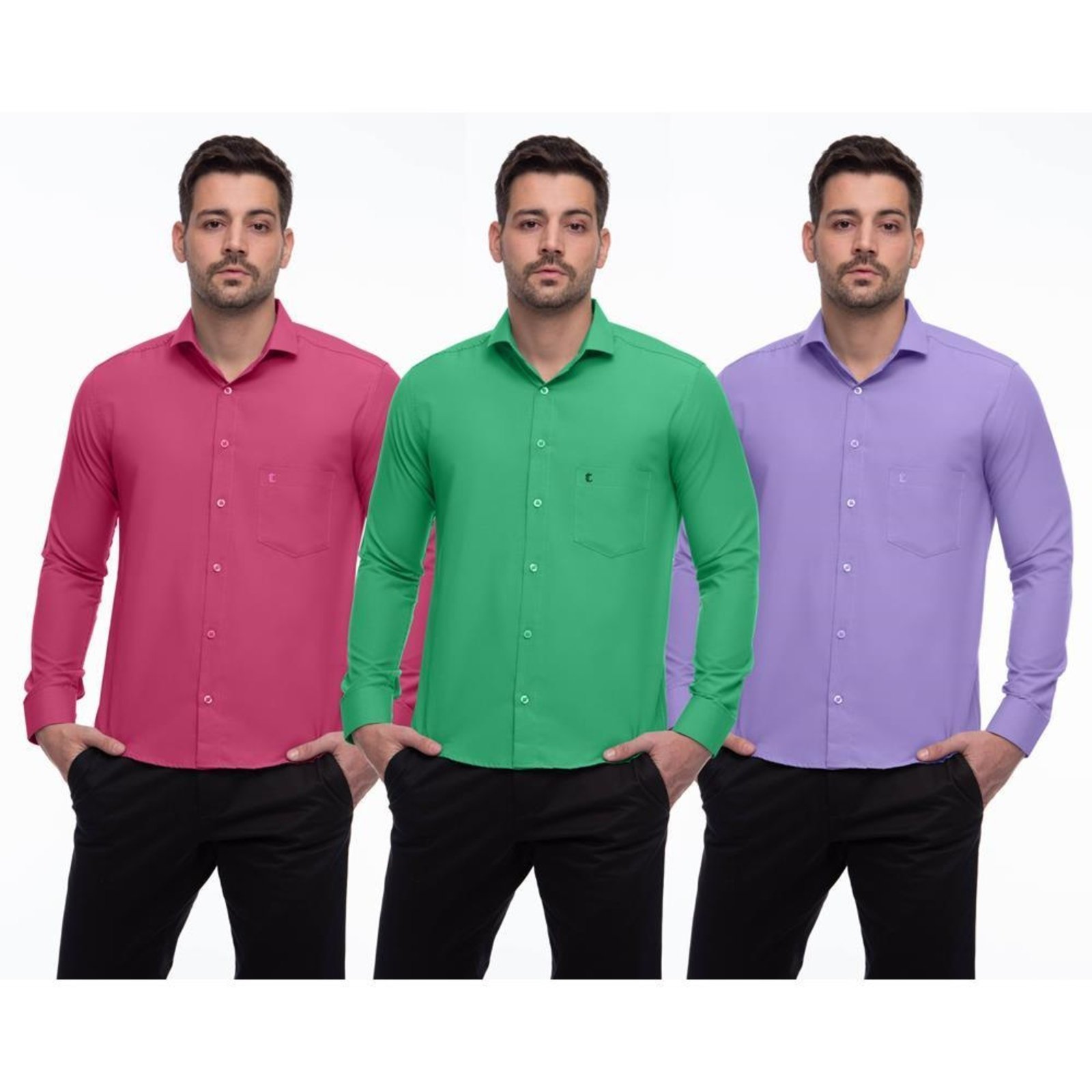 Camisa Social Masculina Manga Longa Botões Lisa Kit 3