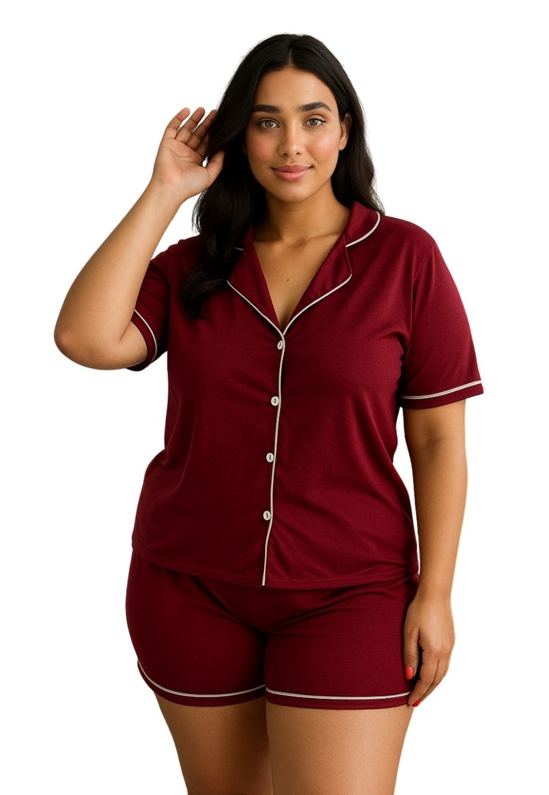 Pijama Americano Plus Size Blusa com Botões que Abrem e Short 50 52 54 56 Vinho