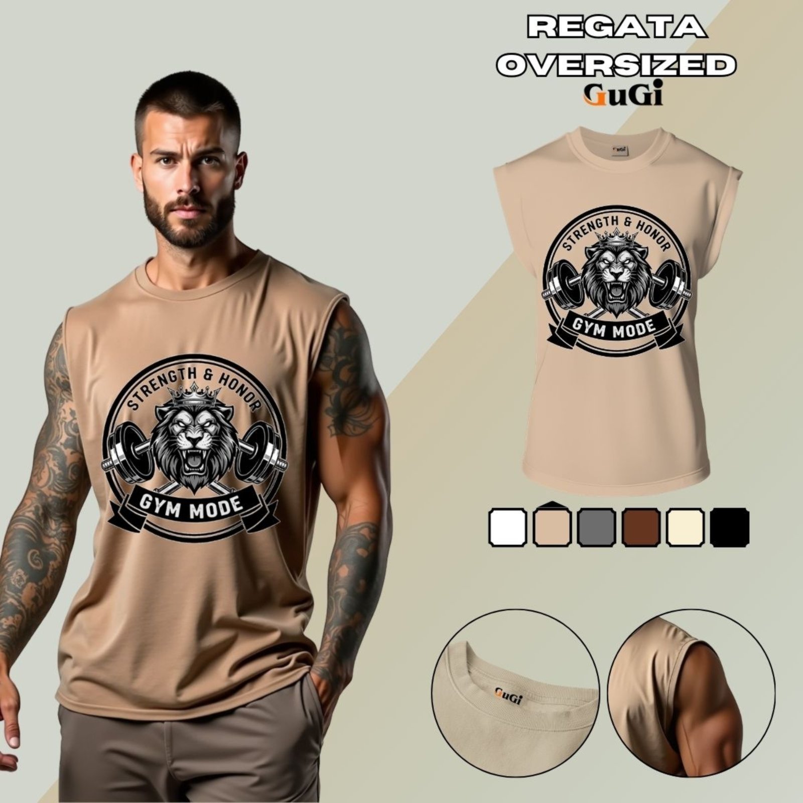 Regata Masculina GuGi Muscle Machão Estampada Academia Treino Fitness Algodão 30.1 Caqui
