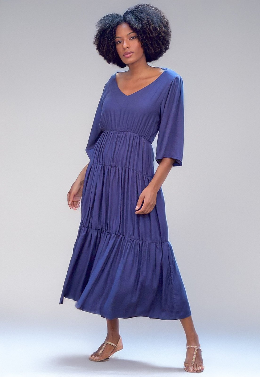 Vestido Longo Cabanafree Plano com manga Azul Marinho