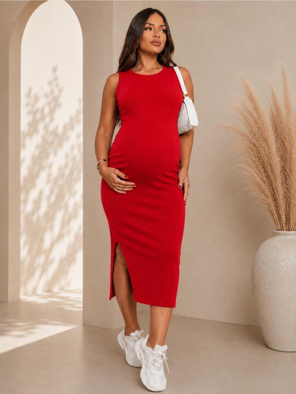 Vestido Casual Materno Gestante Gravidez Vermelho de Ribana de Algodão Alta Elasticidade Confortavel e Fenda Lateral Sem Manga