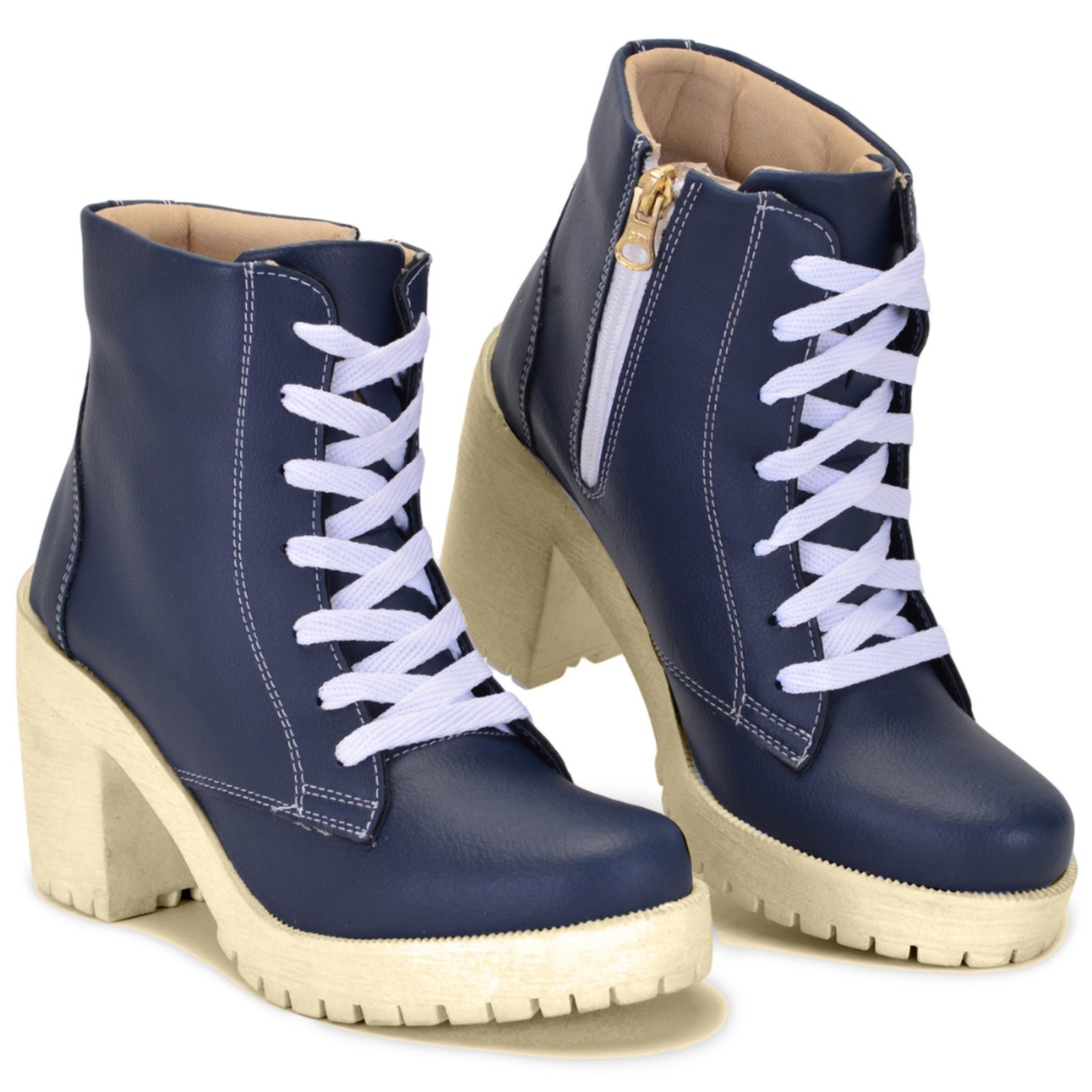 Bota Coturno Feminino Cano Curto Salto Médio Azul Marinho