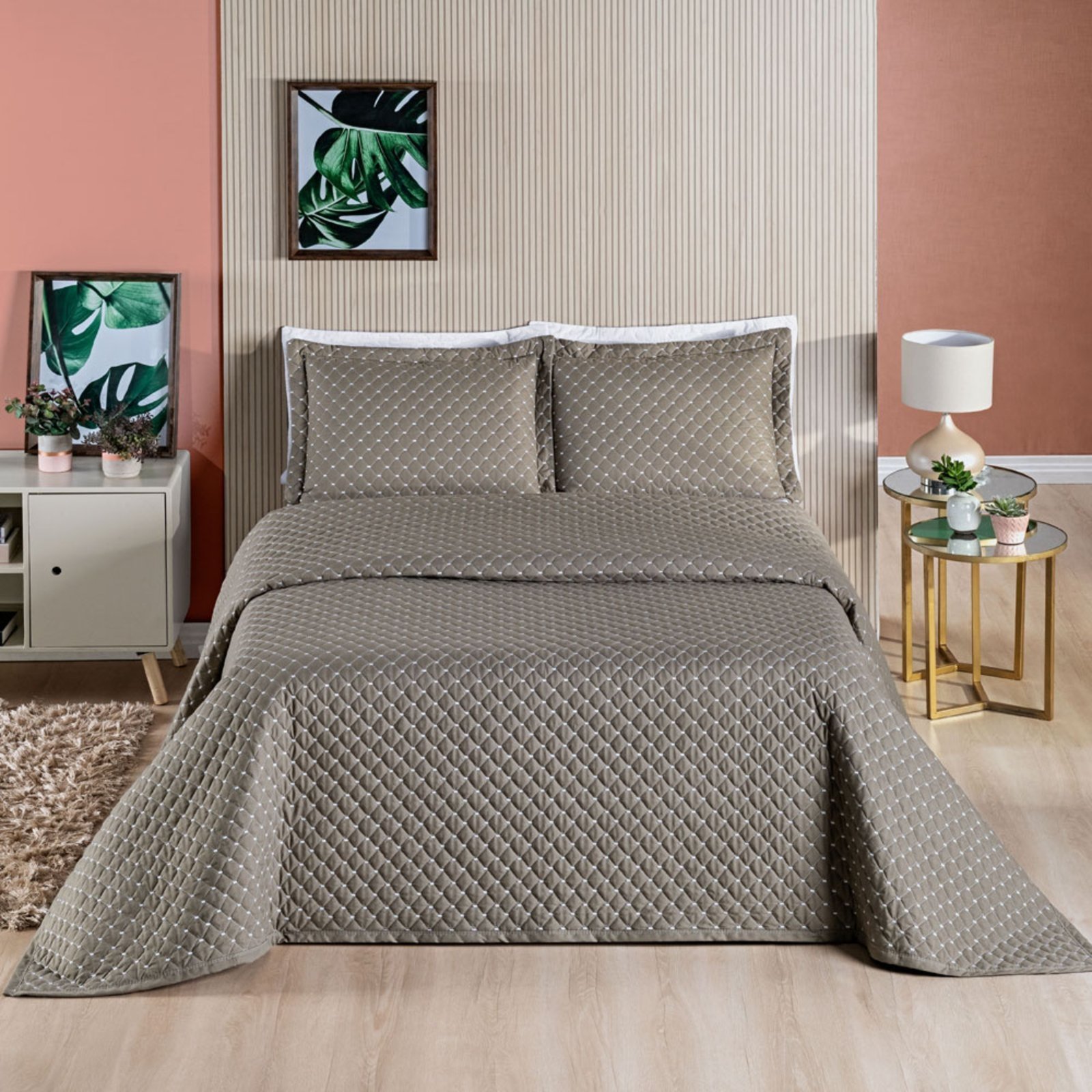 Kit Cobre Leito Colcha Casa Scarpa Vênus Queen Dupla Face Micropercal 200 Fios Liso 3 Peças - Bege