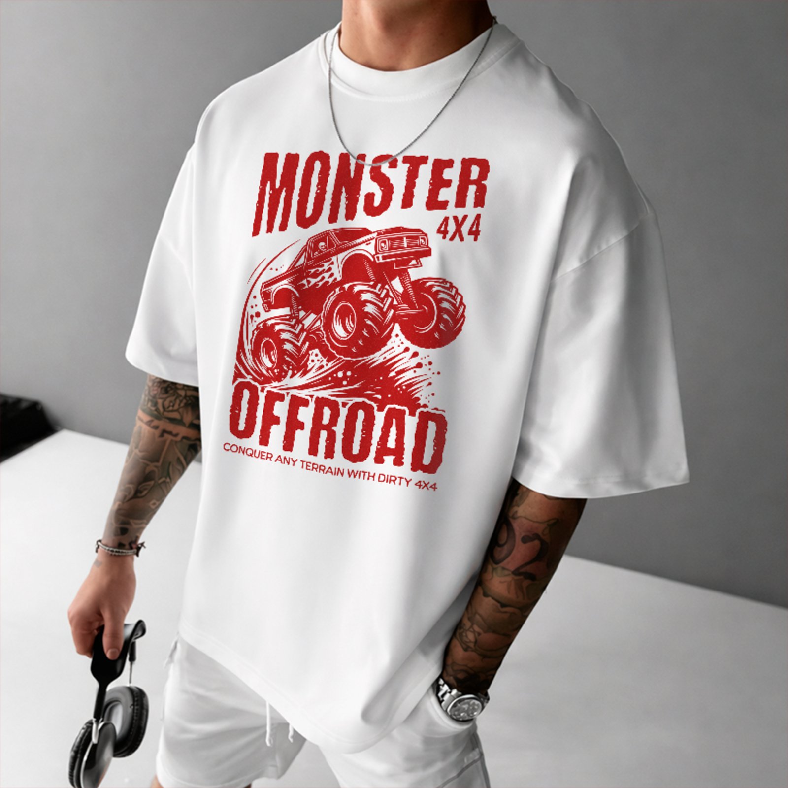 Camiseta Oversized Monster Truck Off Road 4x4 Aventura Unissex Branco