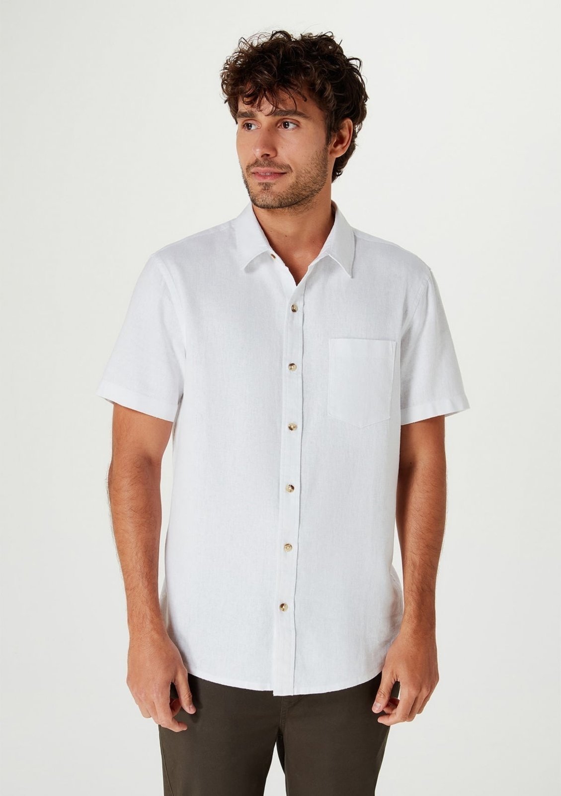 Camisa Básica Masculina Manga Curta Slim Em Linho