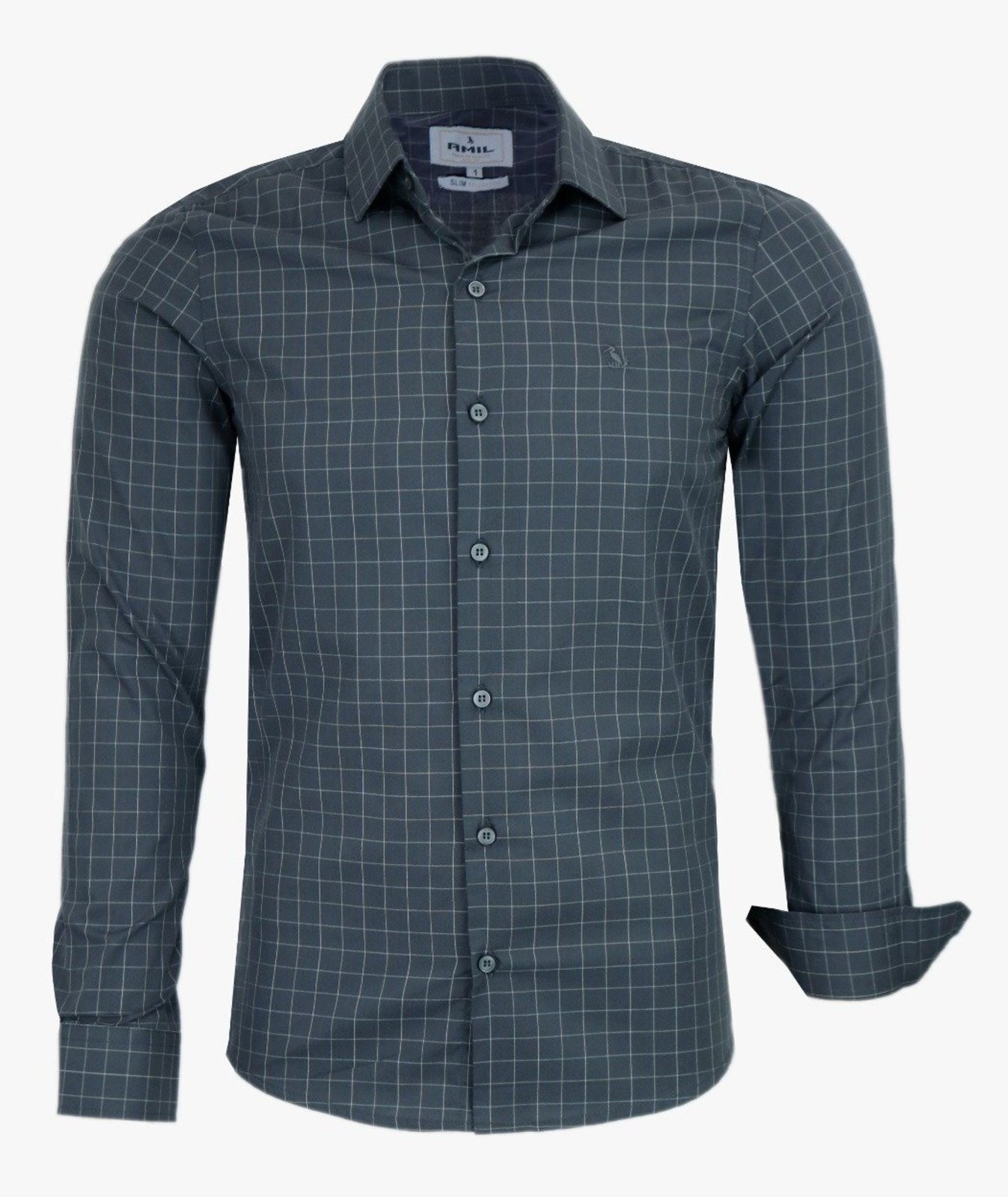 Camisa Social Amil Slim Ponyta Algodão Micro Xadrez Manga Longa Luxo Chumbo