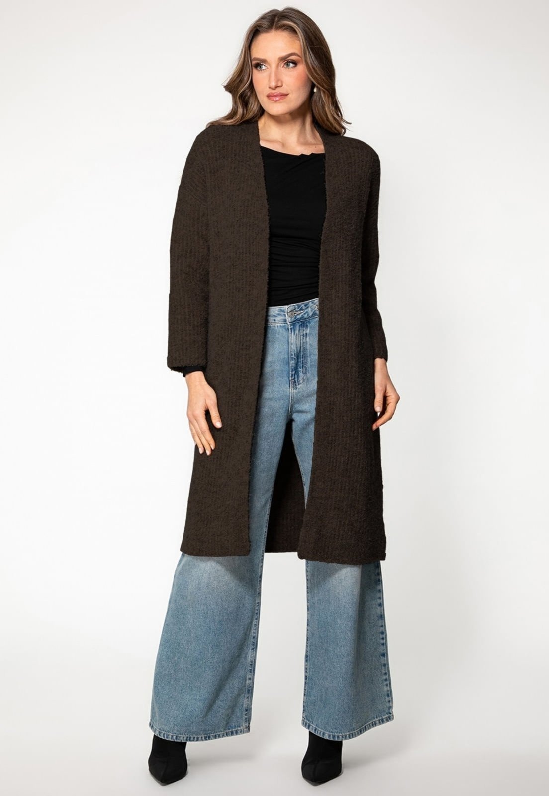 Cardigan Guess Tricot Longo Canelado Eco Marrom