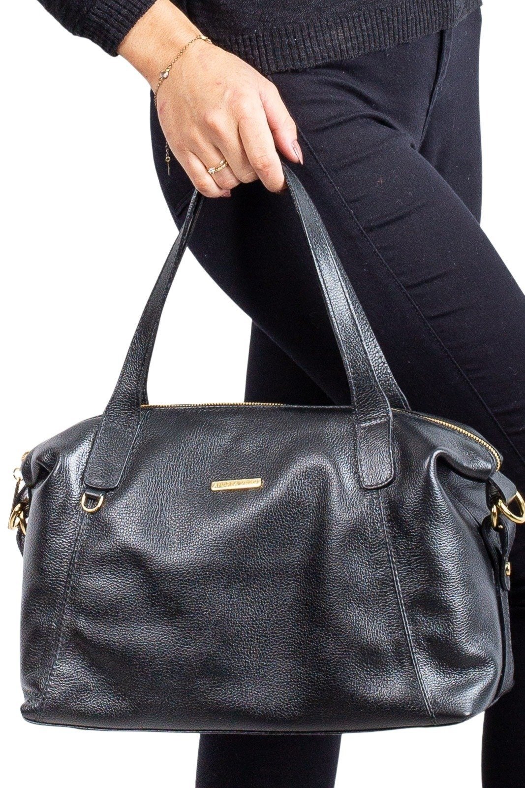 Bolsa de couro liso grande Aurora - Preto
