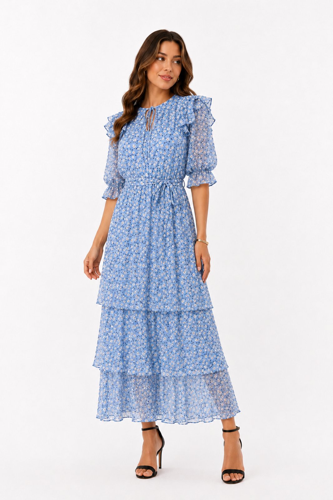 Vestido Midi D Bell Outlet Fashion Chiffon Estampado Babados Azul