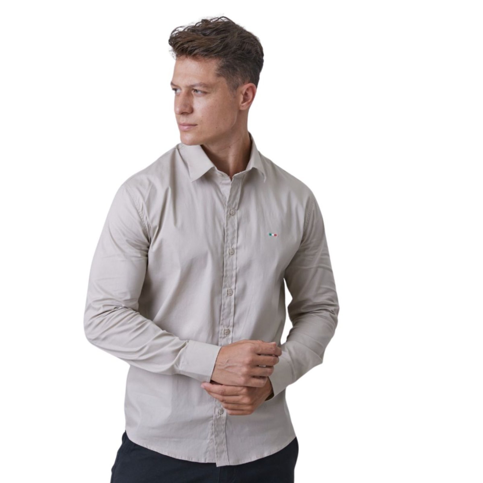 Camisa Social Masculina FMF Marinho Bege Premium Slim Fit Manga Longa