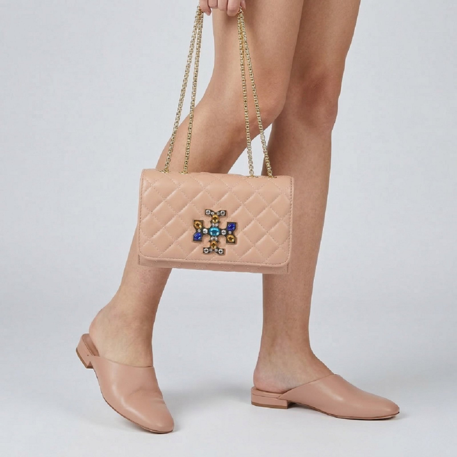 Bolsa Transversal Feminina Clutch Media Pedraria Bordada Elegante Nude