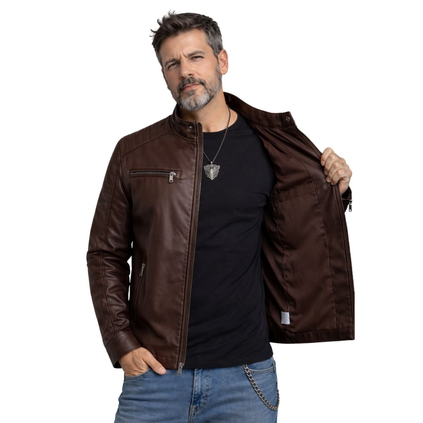 Jaqueta Masculina Biker em Couro Marrom PU