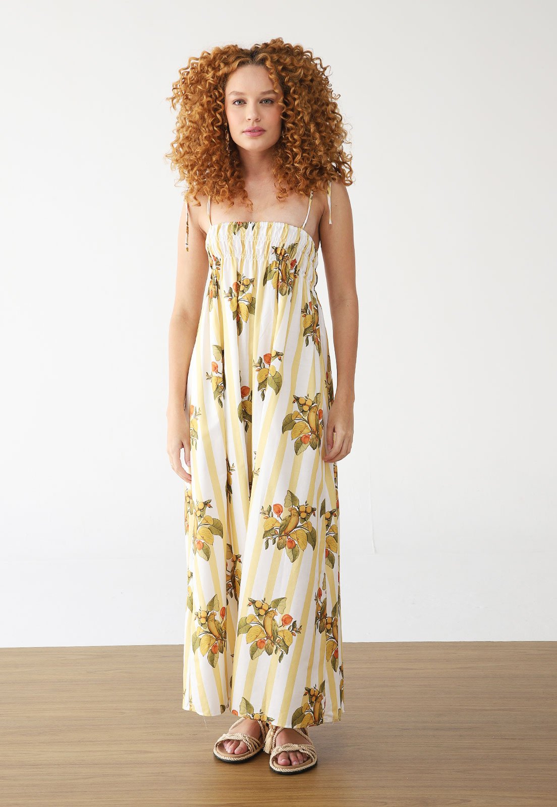 Vestido FARM Longo Cropped Passaro Chic Amarelo