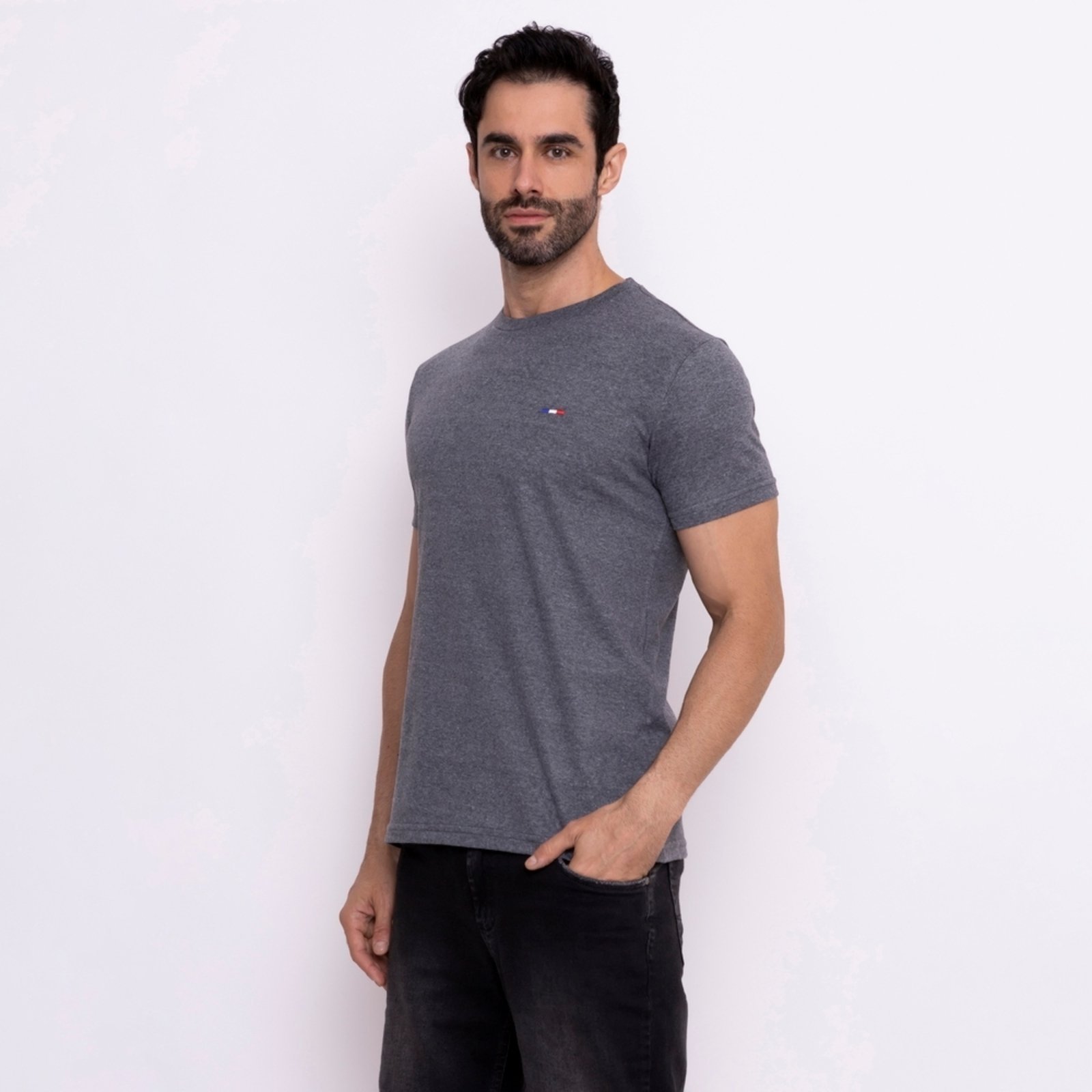 Camisetas Básicas Masculina Industrie em Algodão Premium no Estilo Bordado França Chumbo