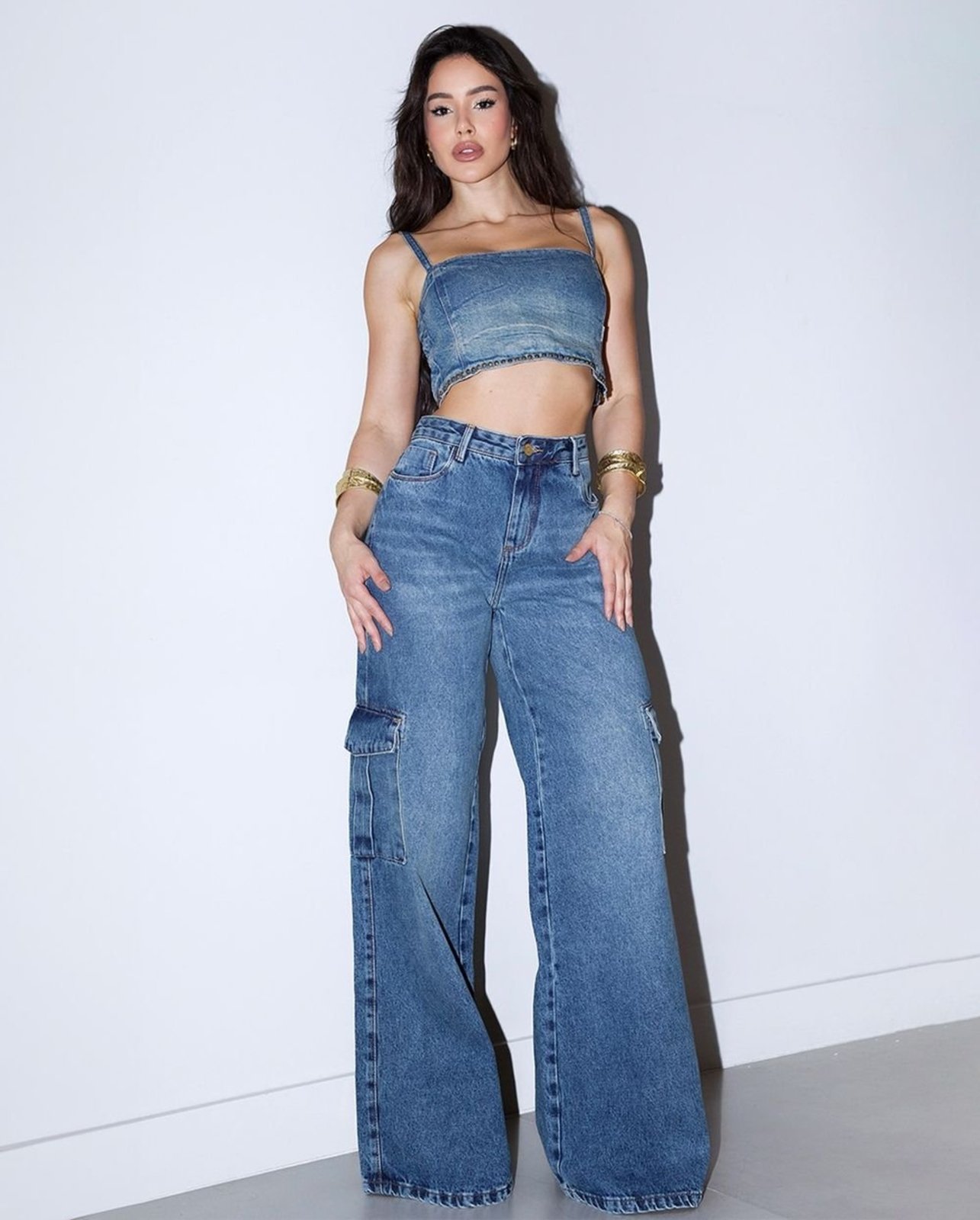 Calça Jeans Wide Leg Feminina Cargo Relaxed Cintura Baixa 29214 Medio Vintage Consciência