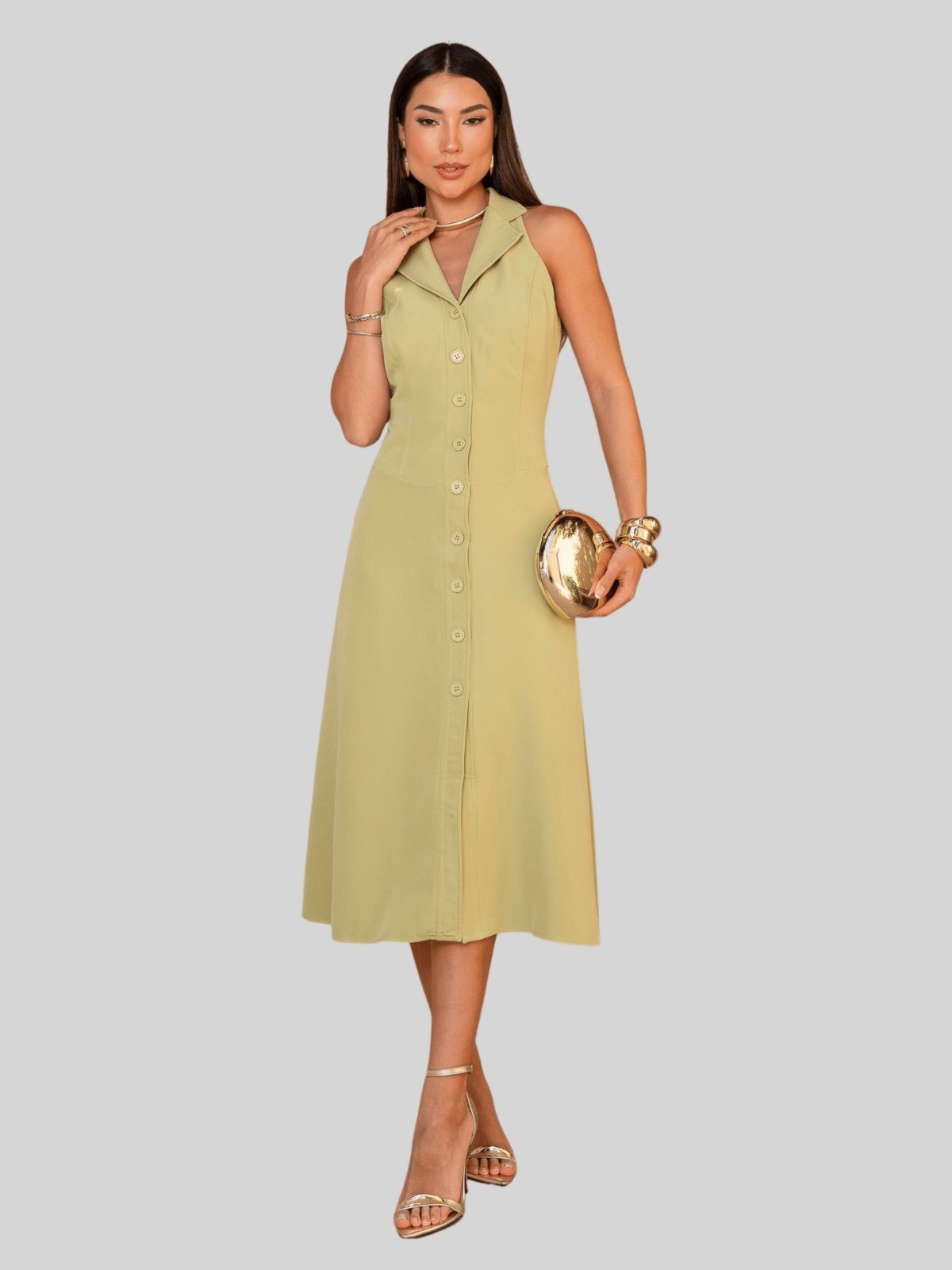 Vestido Miss e Misses Flaviana Midi Aberto C/Botao C/Bolso Verde