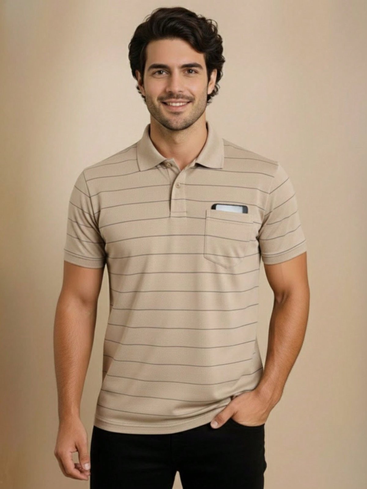 Camisa Masculina Polo Listrada com Bolso Bege