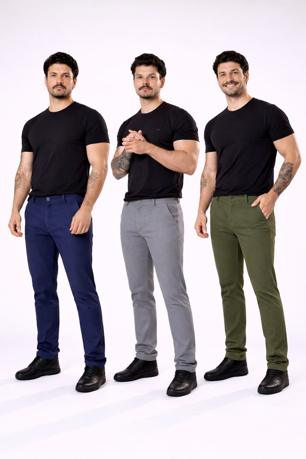 Kit 3 Calças Sarja Masculina Skinny Yellow Jeans Azul Marinho Cinza e Verde