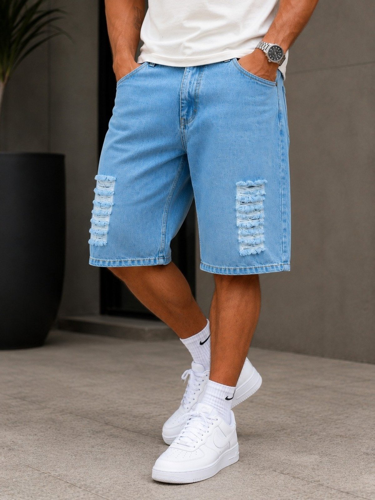 Bermuda Balão Jeans Destroyed Masculina Alpha Street Wear Casual Confortável Básica Delave