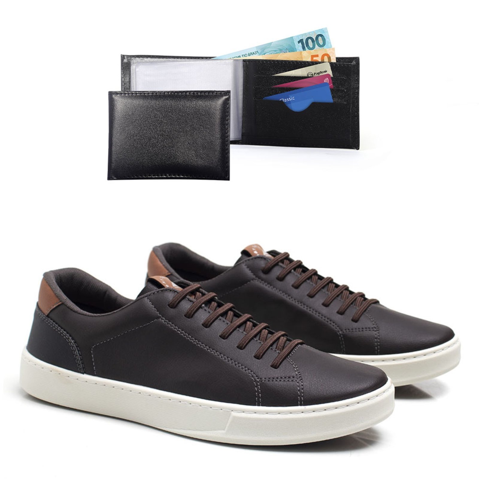Tenis Casual Masculino Com Carteira Bredeni Sapatenis De Amarrar Confortavel Marrom