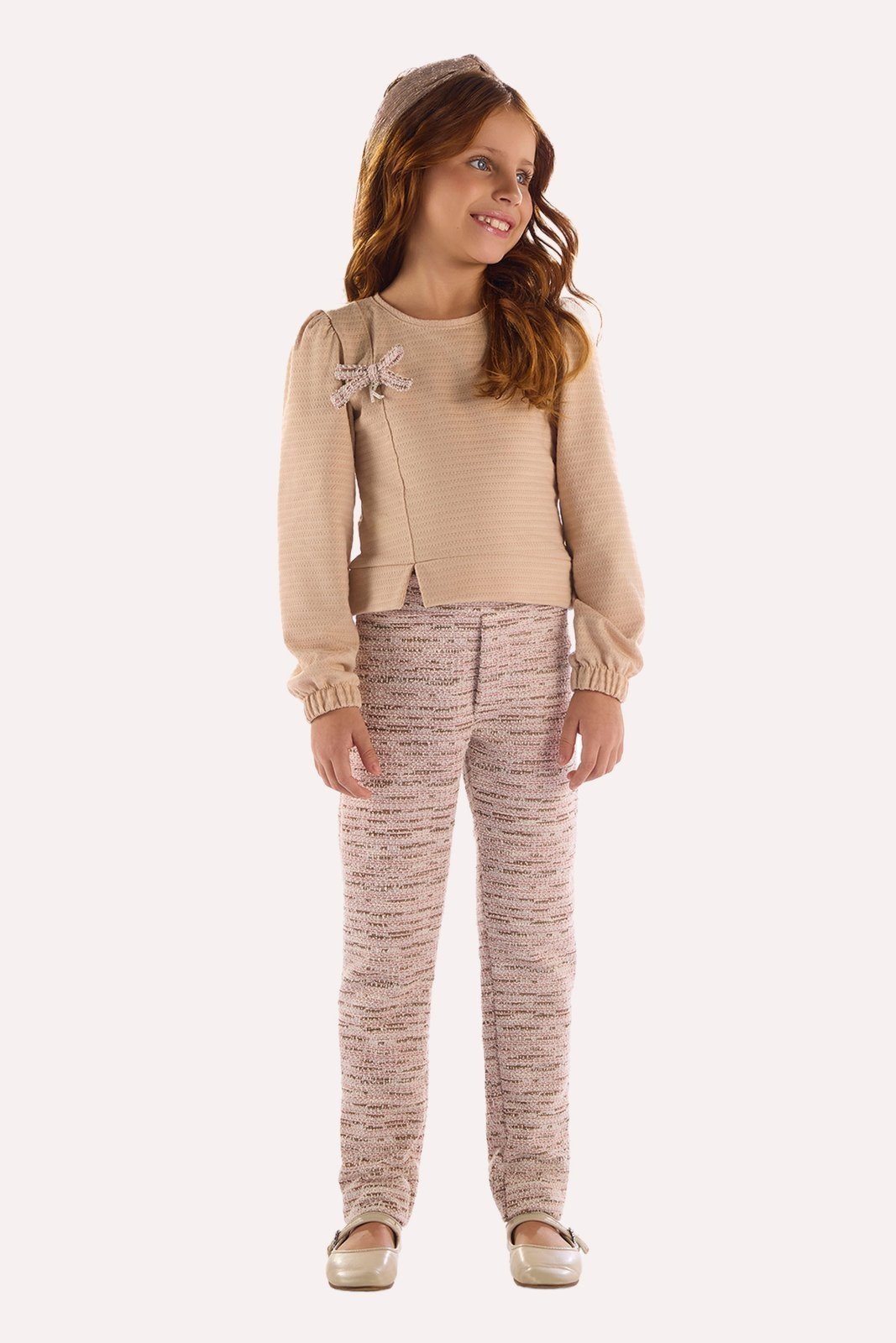 Infantil - Conjunto Areia Blusa Texturizada e Calça Tweed