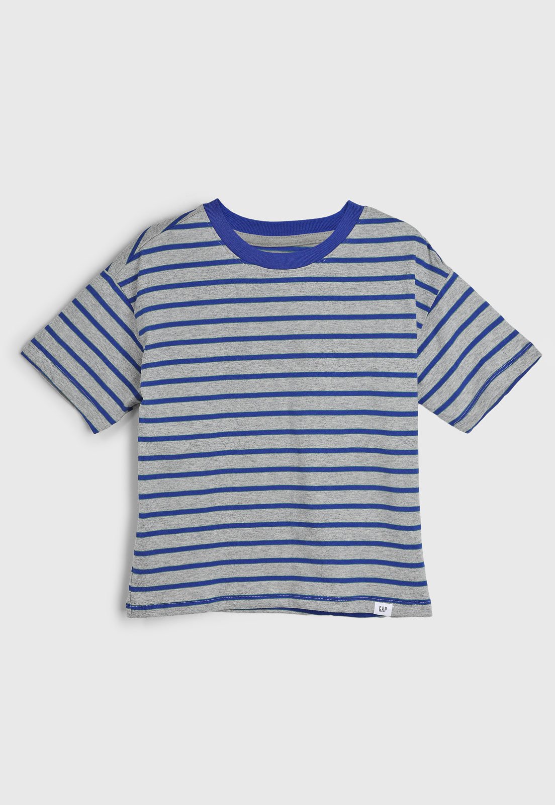 Infantil – Camiseta GAP Listrada Cinza Mescla e Azul