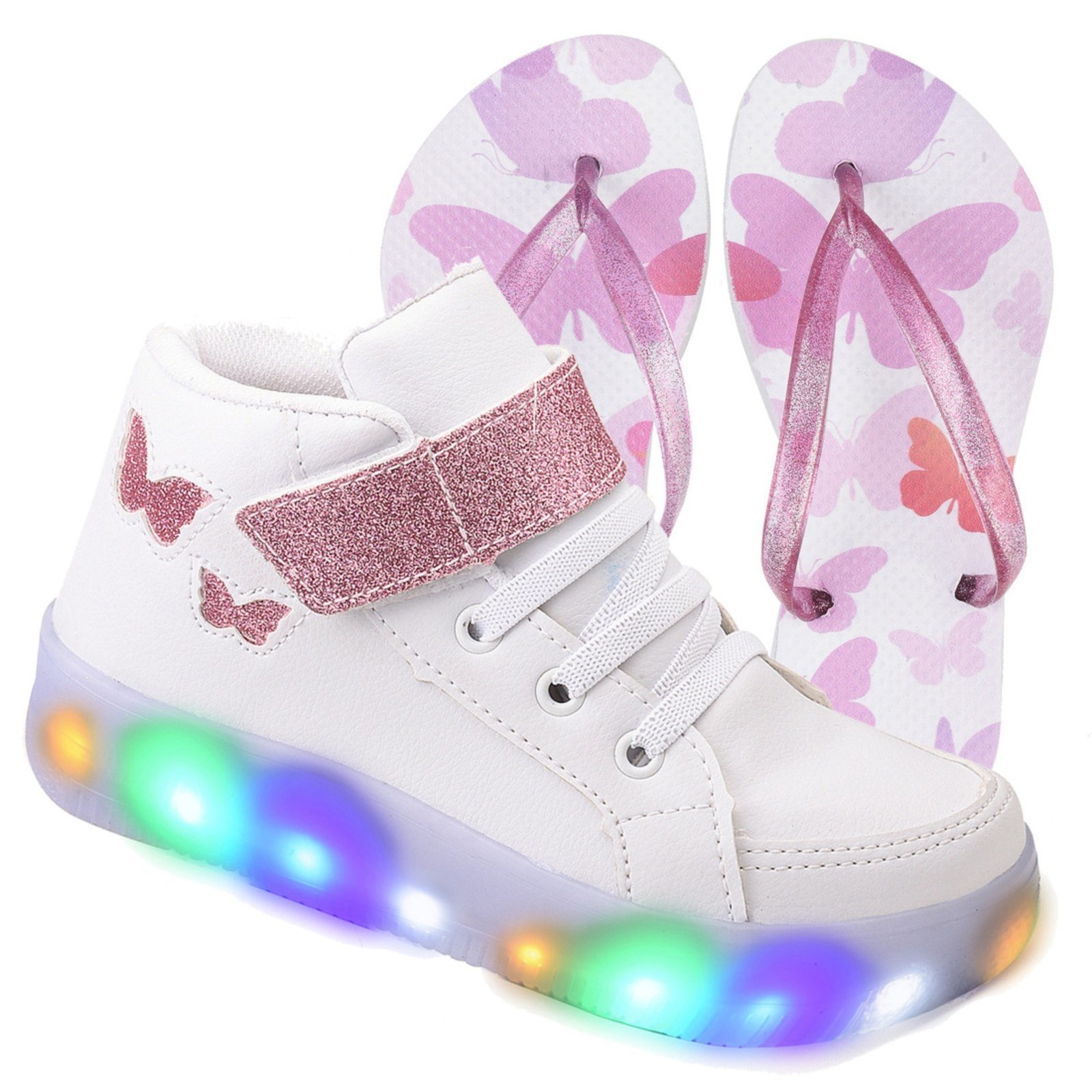 Infantil – Tenis Feminino de Led Botinha Borboleta Glitter Calce Facil + Chinelo