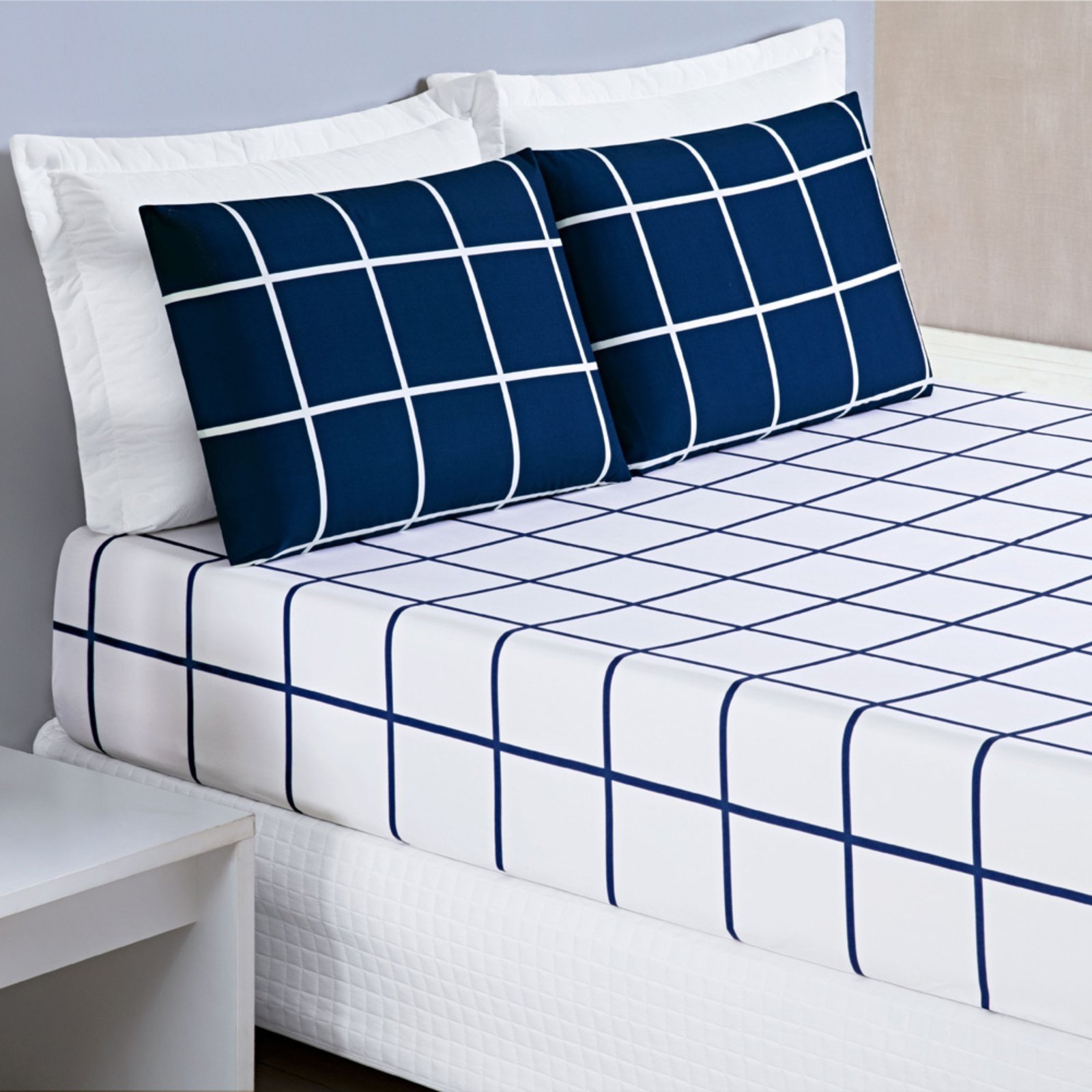 Jogo Cama Lençol Casa Scarpa Brooklyn Queen Quadriculado Micropercal 200 Fios 3 Peças - Azul Marinho