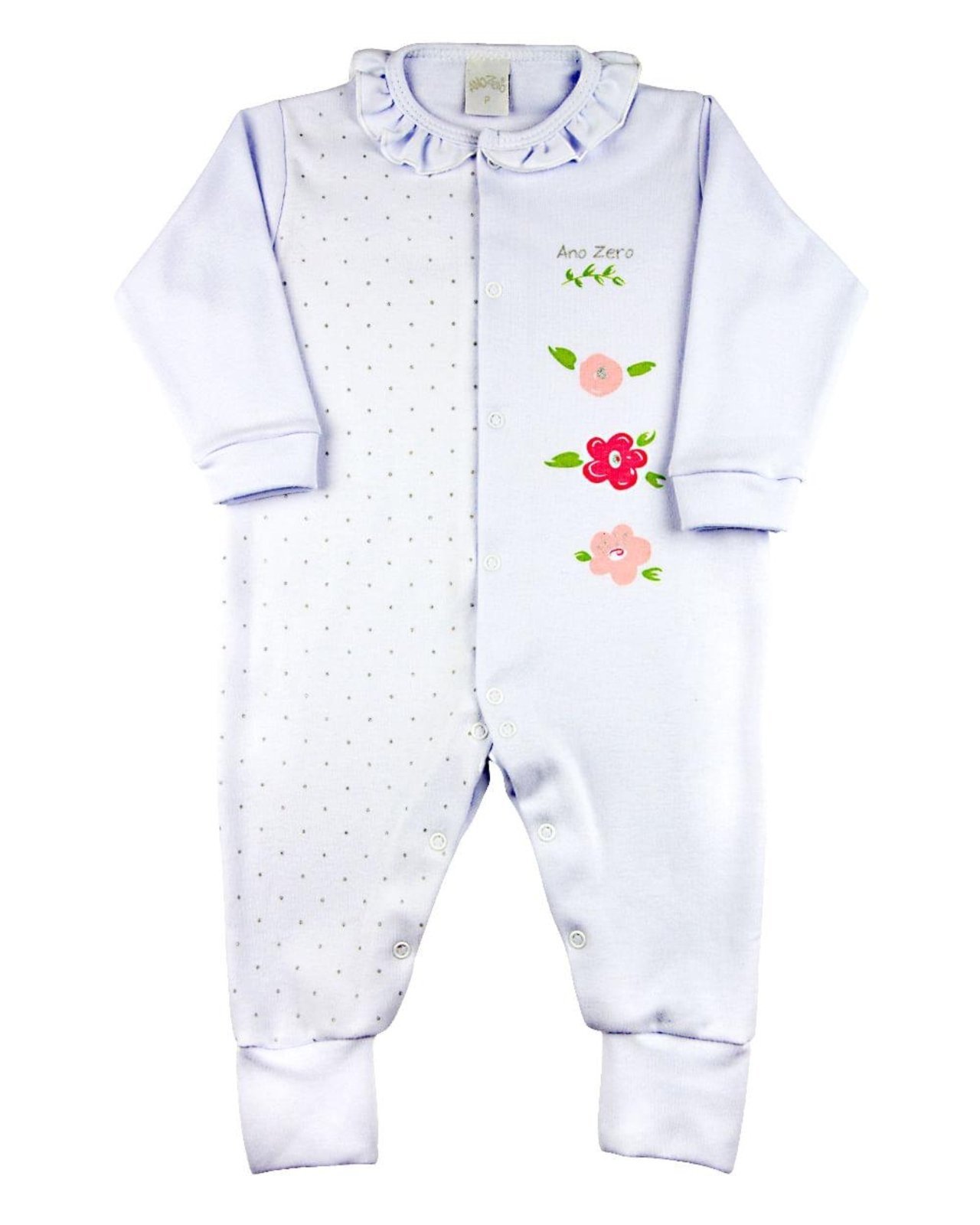 Infantil – Macacão Suedine Bolinhas e Flores – Branco