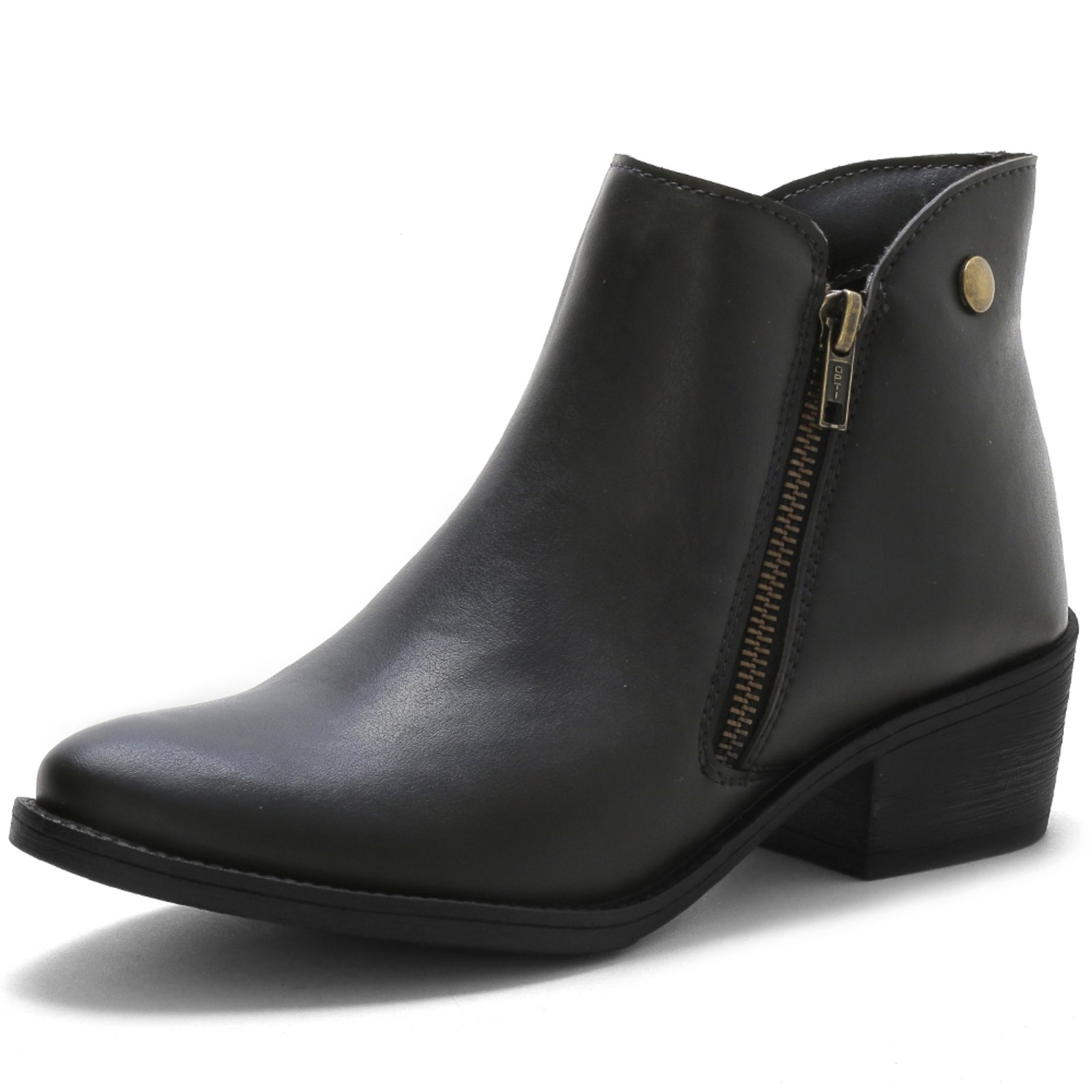 Bota Feminina RR Botas Com Metal Zíper Lateral Chelsea Salto 4cm Baixo Country Coturno Confortável Cano Curto Preto