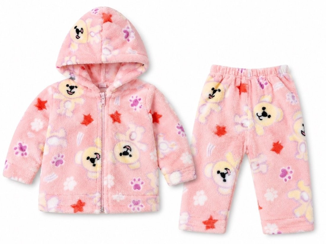 Infantil - Conjunto Plush Peluciado Capuz Com Zíper Casaco e Calça URSO ROSA