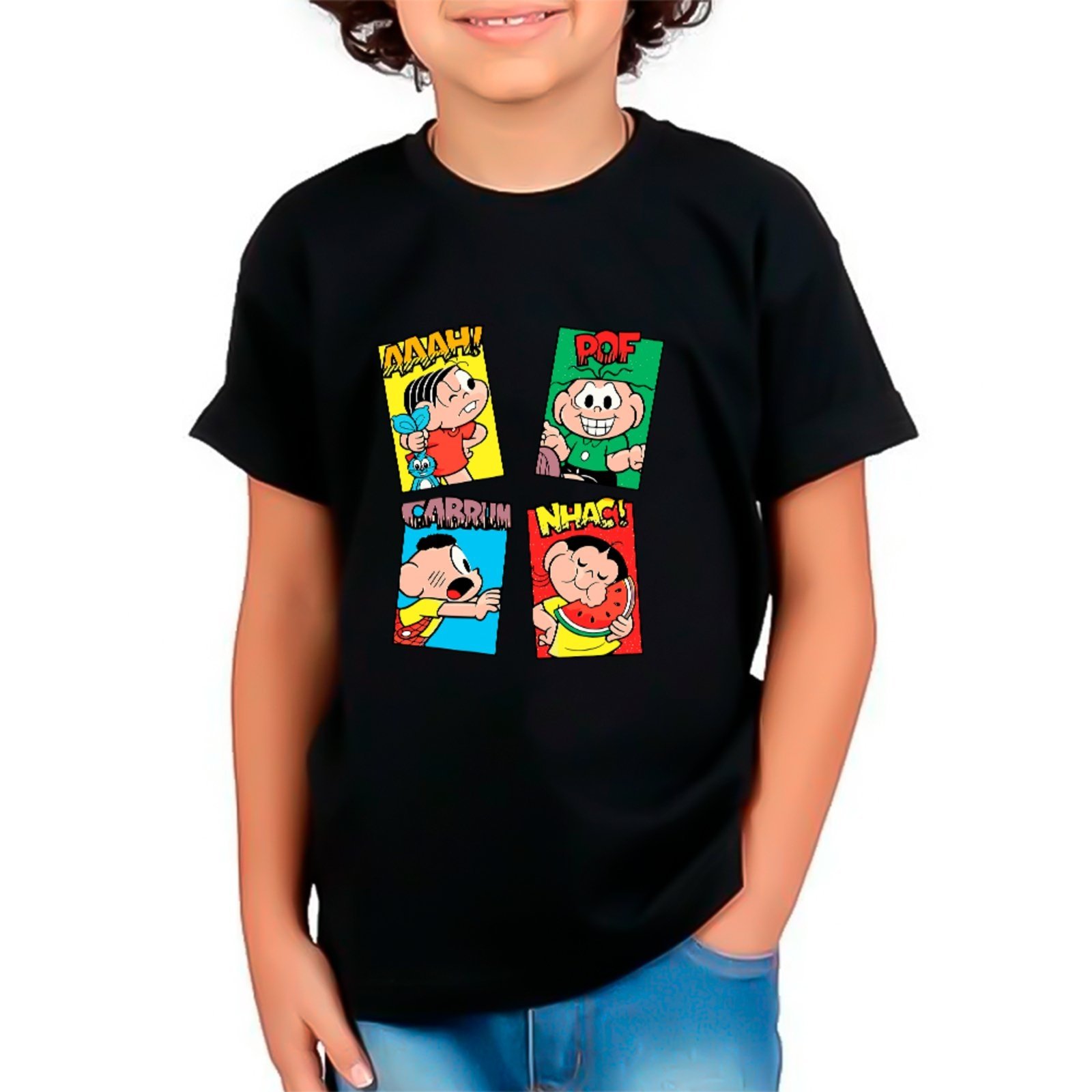 Infantil - Camiseta Turma Da Mônica Quadrinhos Divertidos Personagens Unissex Preto