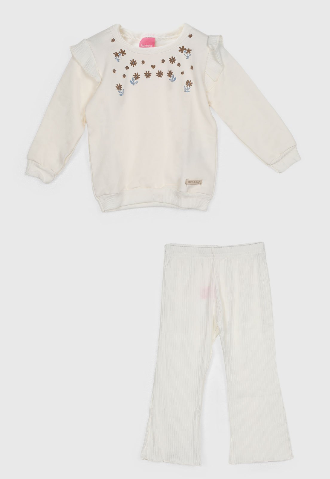 Conjunto Kamylus Manga Longa Flores Branco