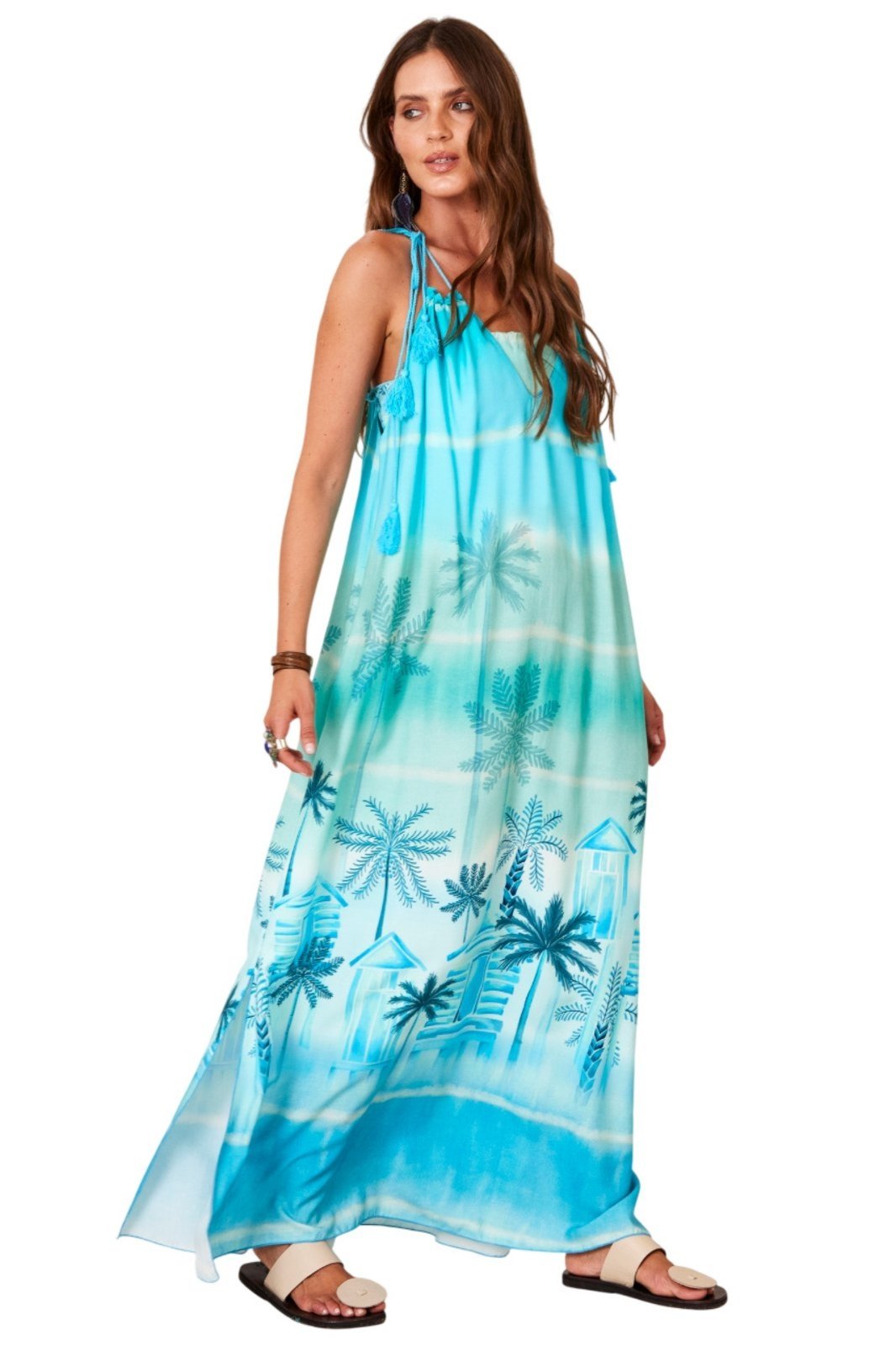 Vestido Longo Com Alças De Amarrar Azul Claro Estampa Tropical Yacamim D25 – Estampado