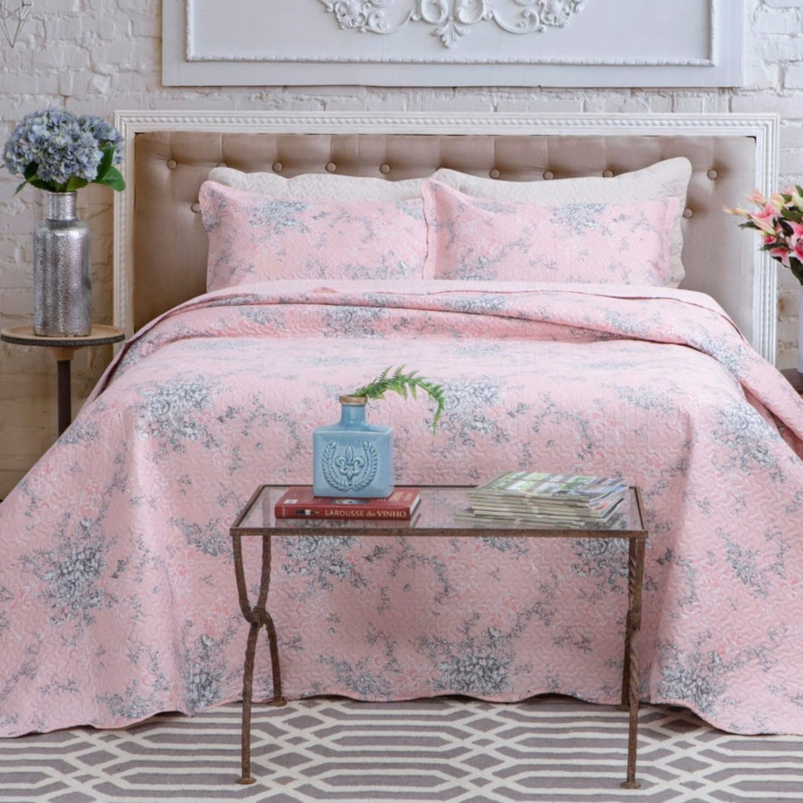 Kit Cobre Leito Colcha Casa Scarpa Mix Queen Estampado Dupla Face Floral 3 Peças - Grace