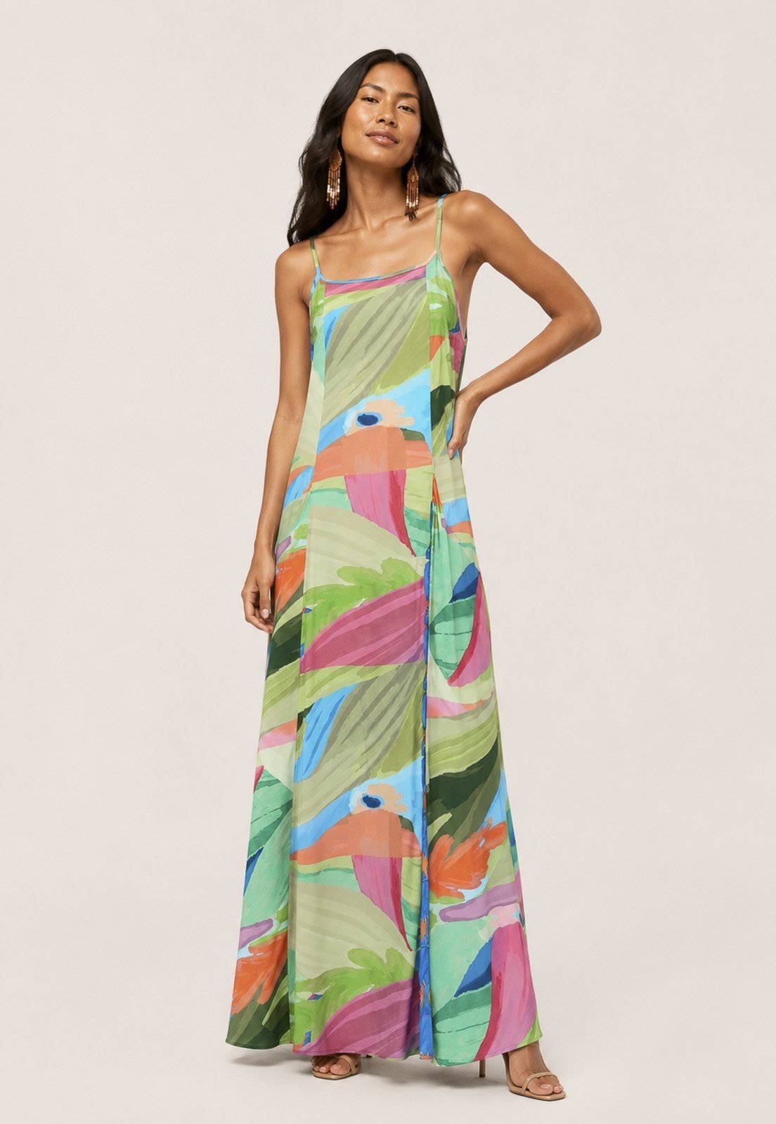 Vestido Amazonia Vital Longo Anambé Viscose com Bolsos Estampa Mata em Aquarela
