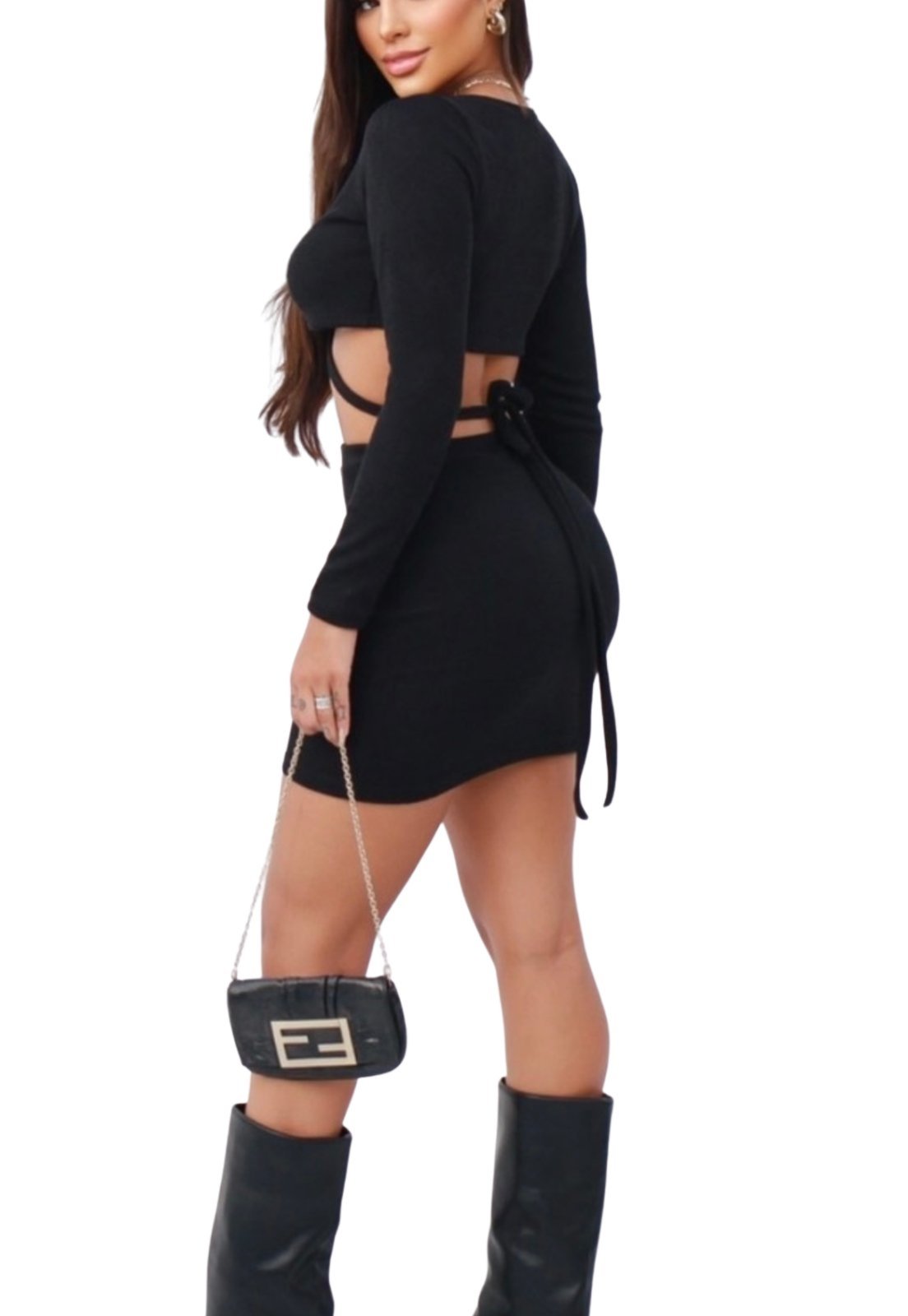 Vista 3 Conjunto Canelado Malha Grossa Summer Body Top argola Gringa Manga Longa Com Saia Mini Curta Bloqueira preto Summer Body preto