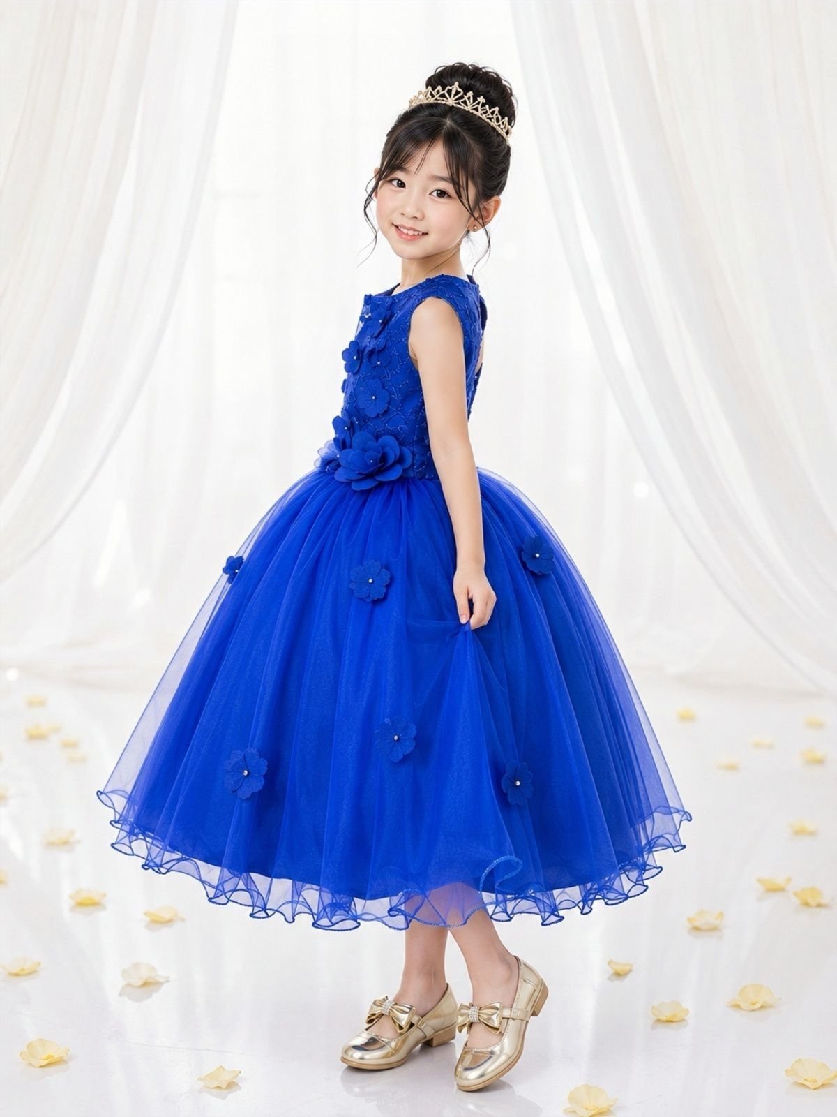 Infantil - Vestido Festa Azul Royal Cobalto Flores Formatura Florista Casamento Renda Dama Daminha Social Menina Juvenil Pérolas Princesa Rodado Aniversário Luxo