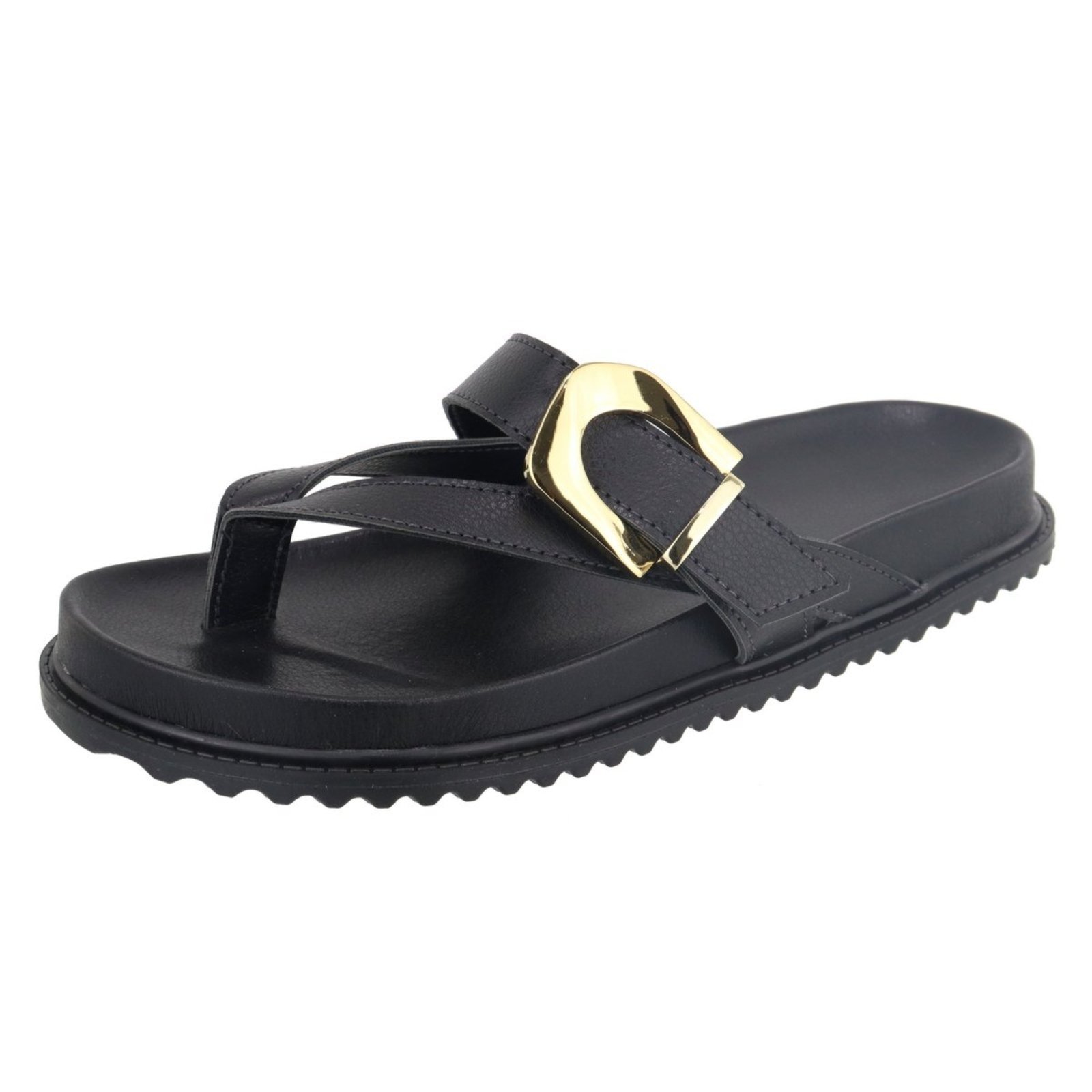 Papete Rasteira Feminina Paula B Com Tiras De Dedo E Detalhe Em Fivela De Metal Dourado Palmilha Confort Preto