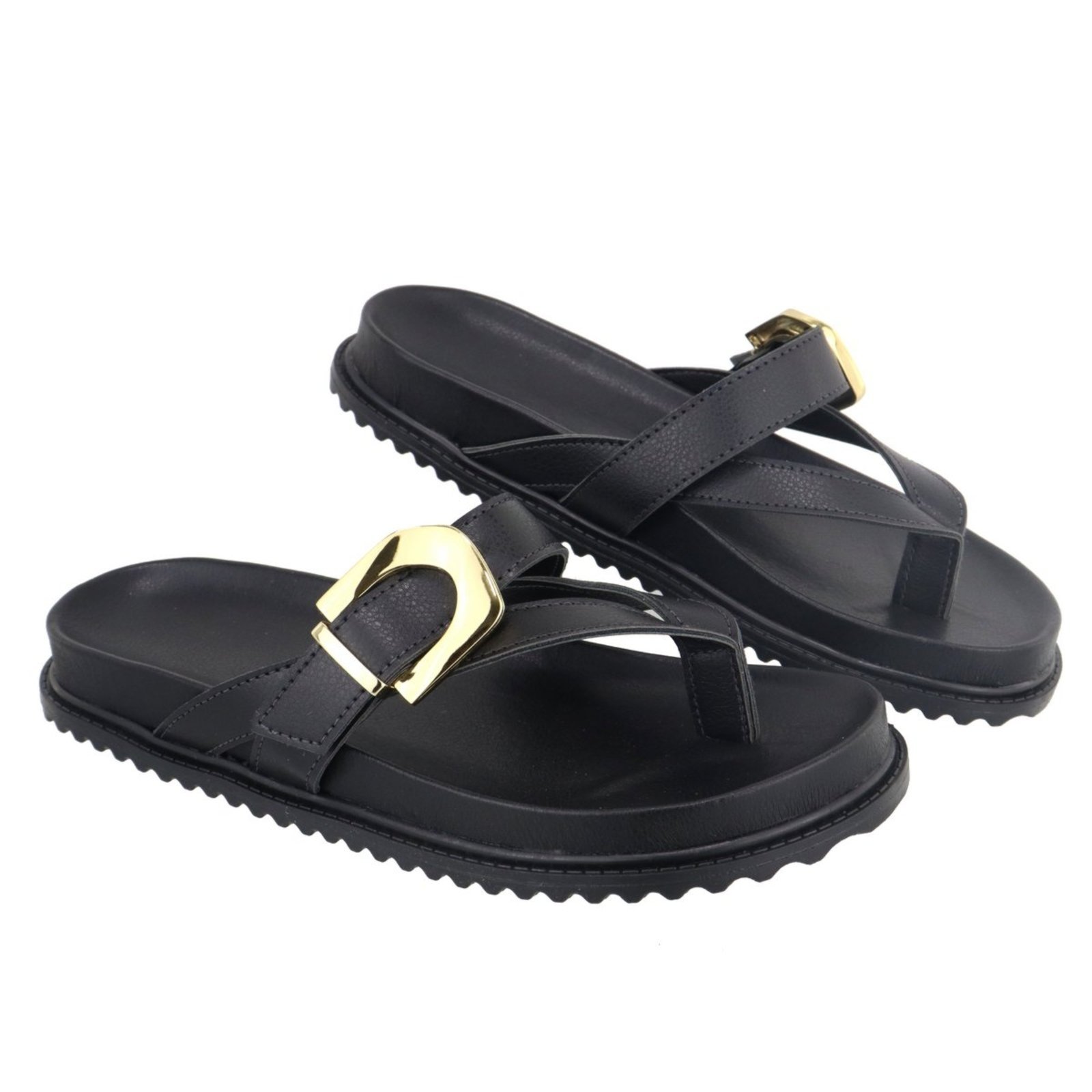 Vista 3 Papete Rasteira Feminina Paula B Com Tiras De Dedo E Detalhe Em Fivela De Metal Dourado Palmilha Confort preto PAULA B preto