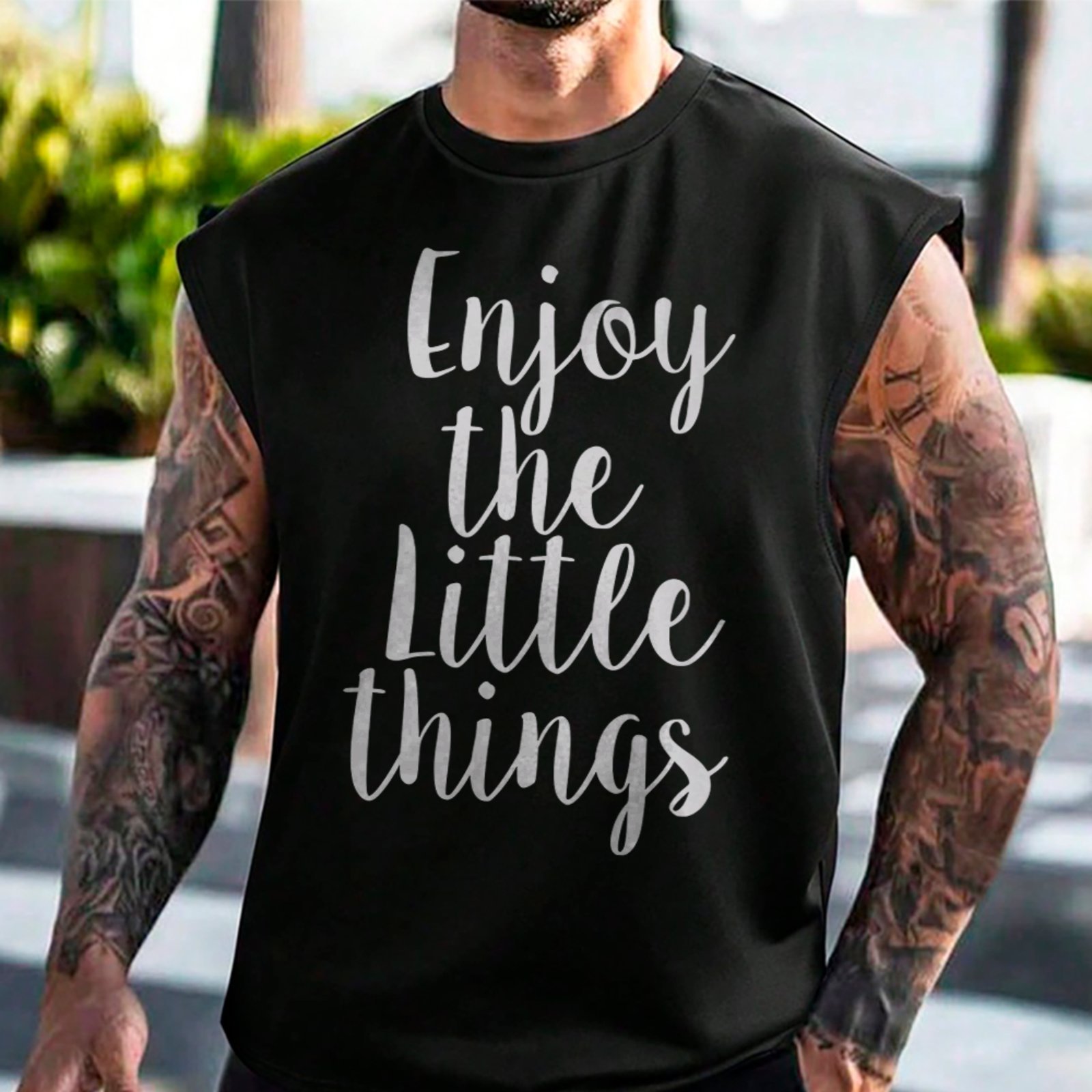 Camiseta Regata Machão Motivacional Enjoy Little Things Frase Positiva Preto
