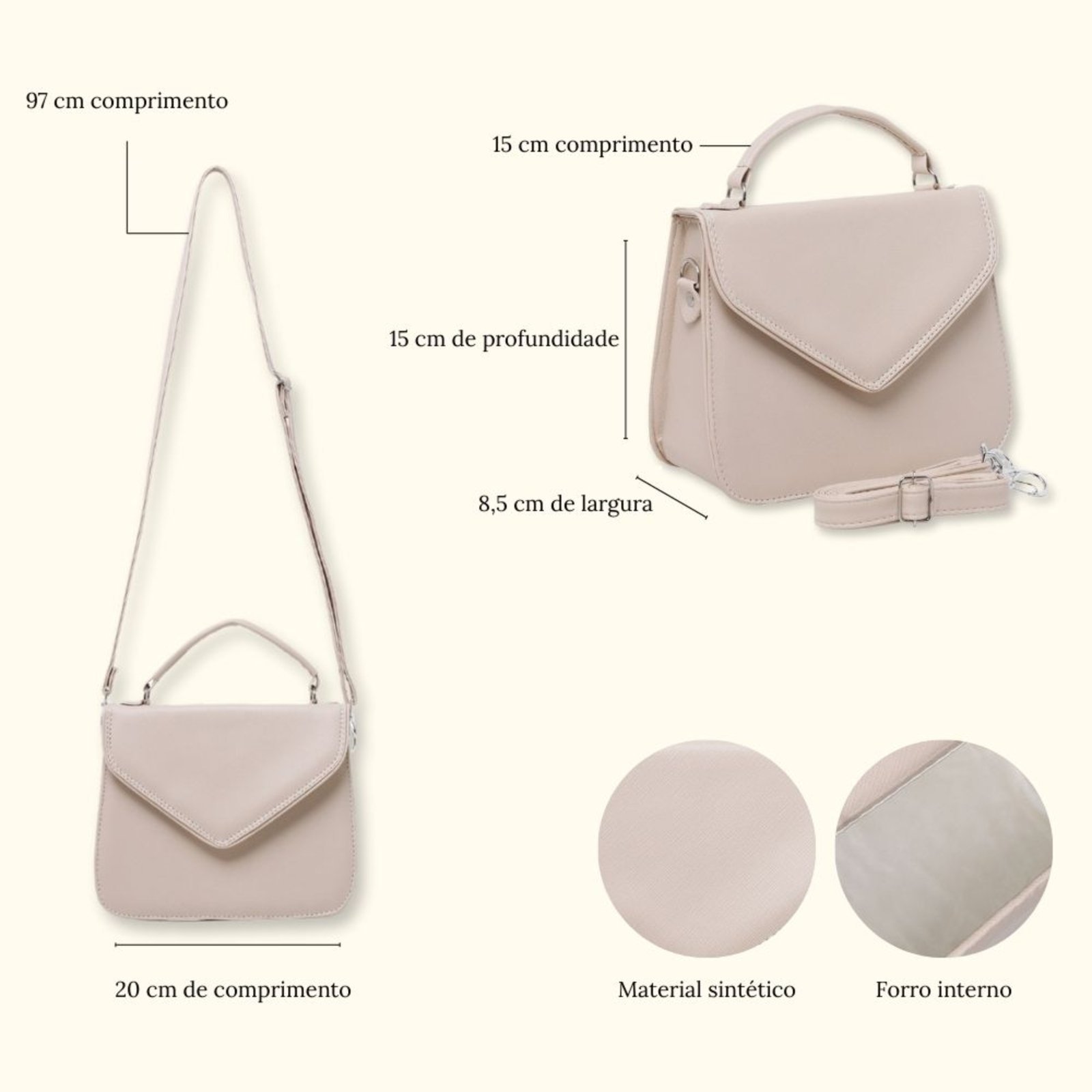 Vista 3 Bolsa Feminina Com Alça Removivel Transversal Pequena Tira Colo Sair Trabalhar Dia a Dia 8190 Marfim branco branco