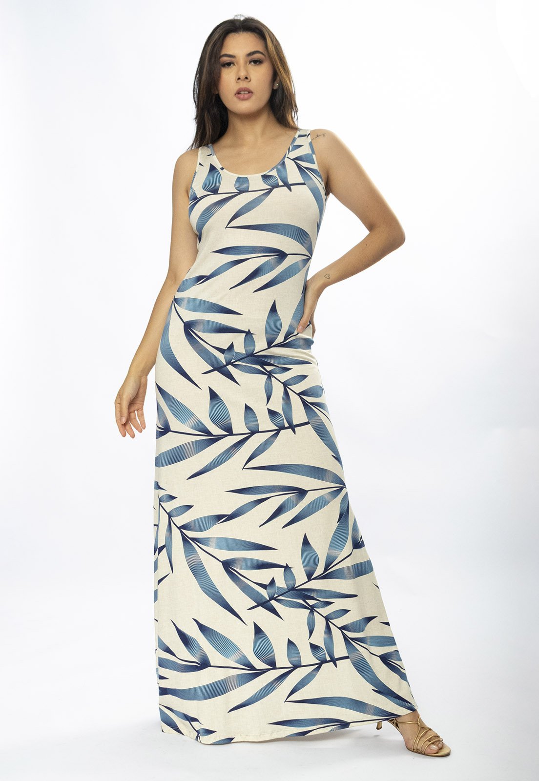 Vista 3 Vestido Longo Amazônia Vital Butiá Malha Regata Estampa Bambu Azul Amazonia Vital bege azul
