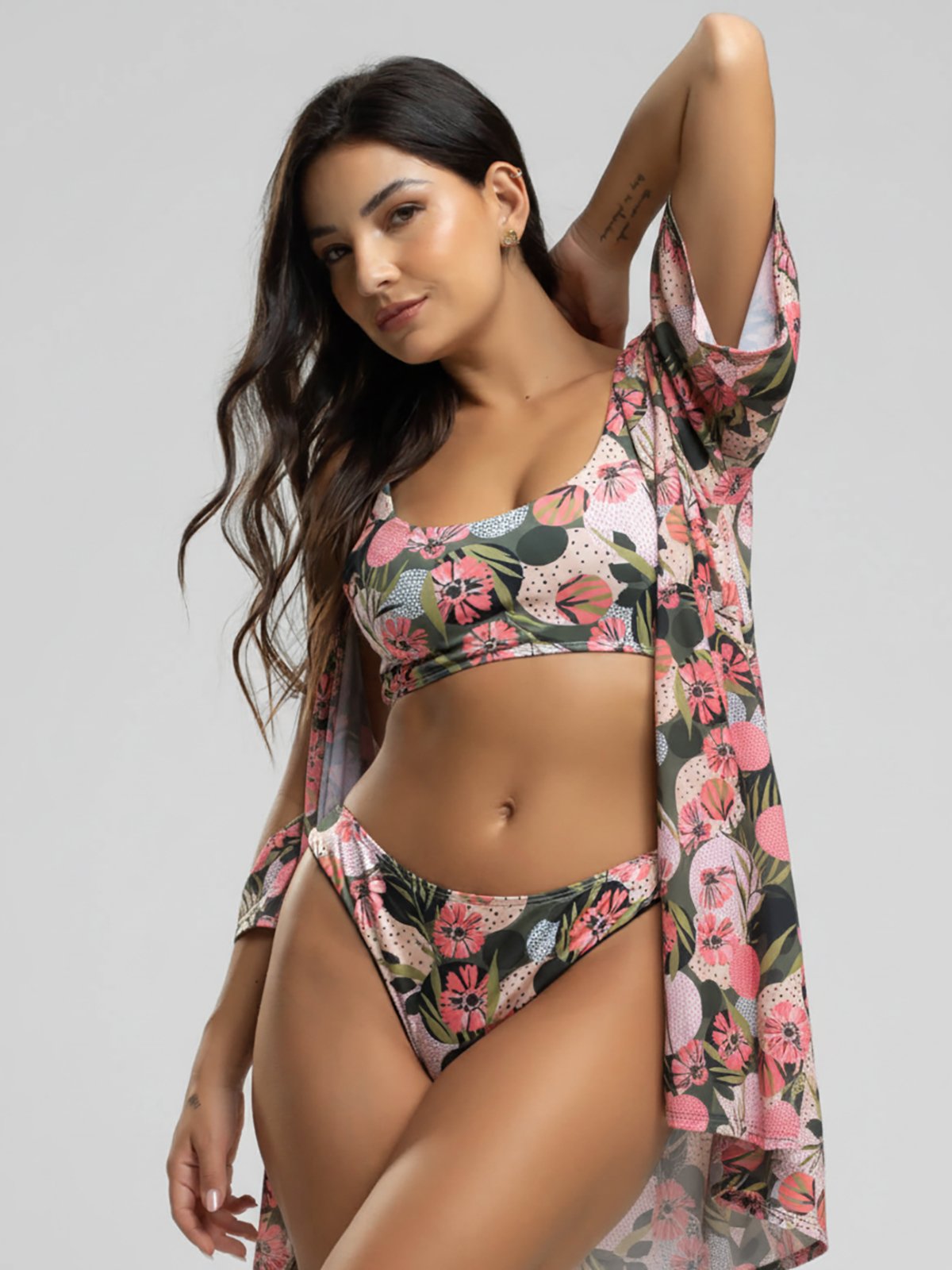 Conjunto Vicbela Biquíni Top Faixa Bojo Removível Fio Duplo Asa Delta + Saída de Praia Kimono Rosa