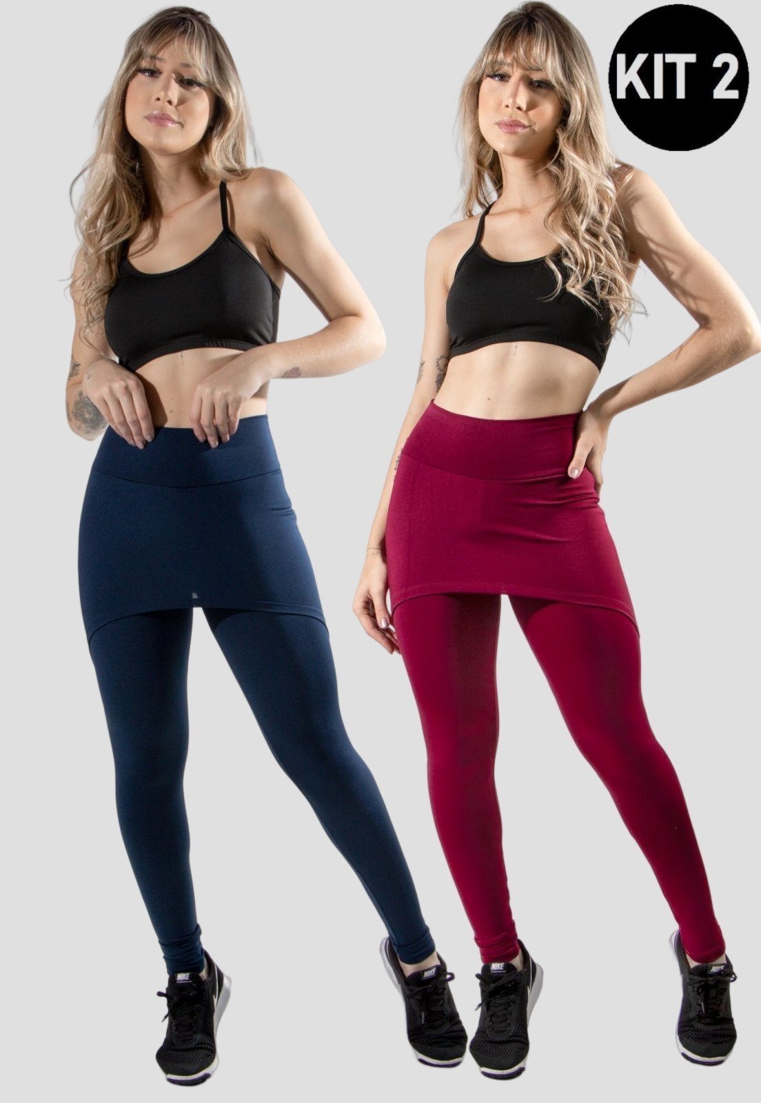 Kit 2 Calças 4 Estações Legging Saia Lisa Feminino Academia Fitness Malhar Azul Marinho/Vinho