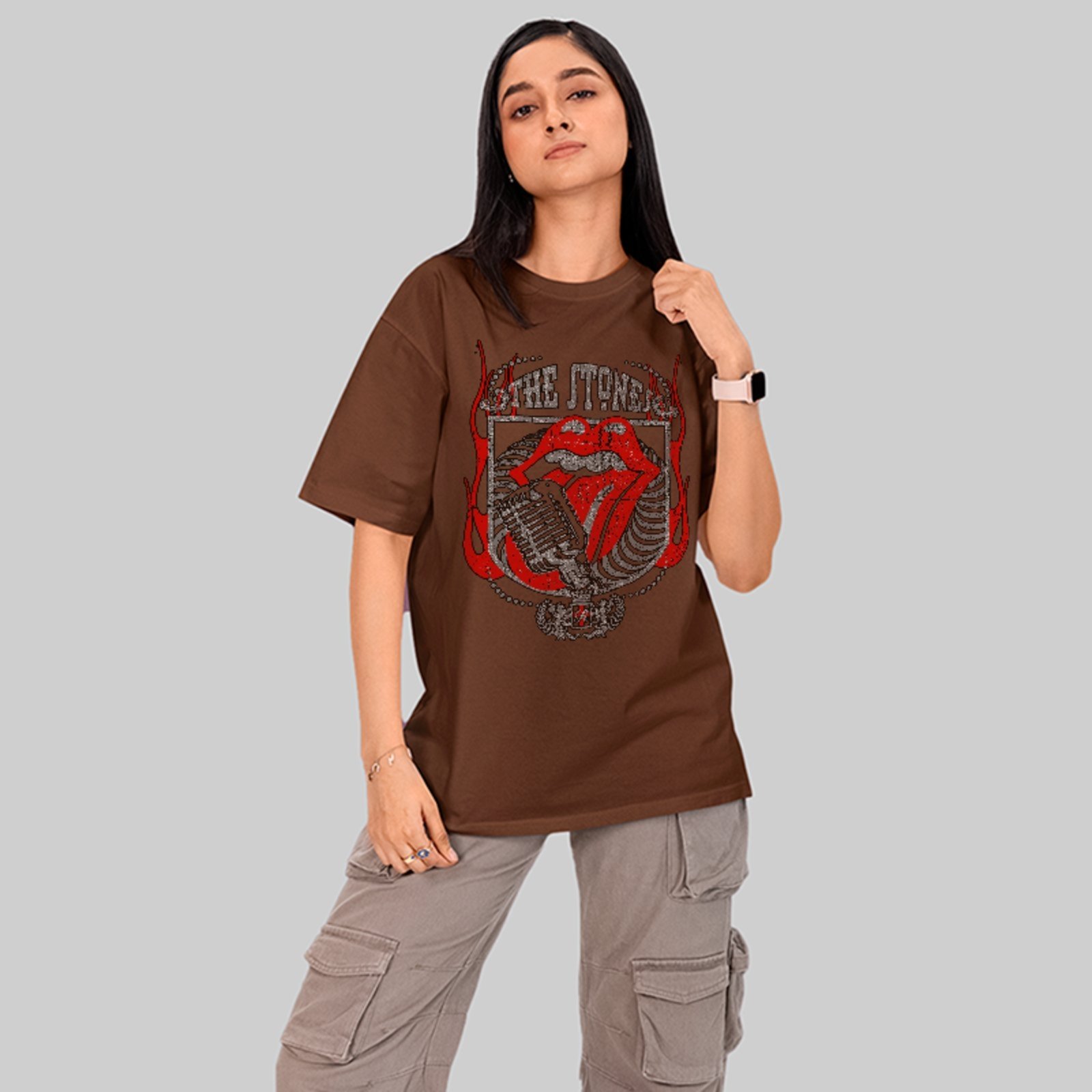 Camiseta Oversized Premium Rock Tongue Vintage Rolling Stones Unissex Marrom