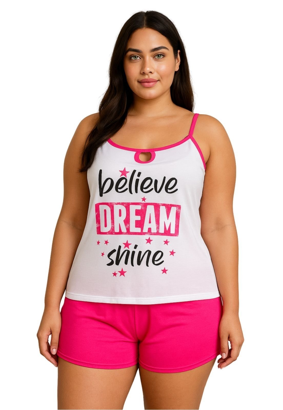 Pijama Plus Size Verão Short Curto Blusa de Alça Pijama de Calor Suzi 50 52 54 56 Pink