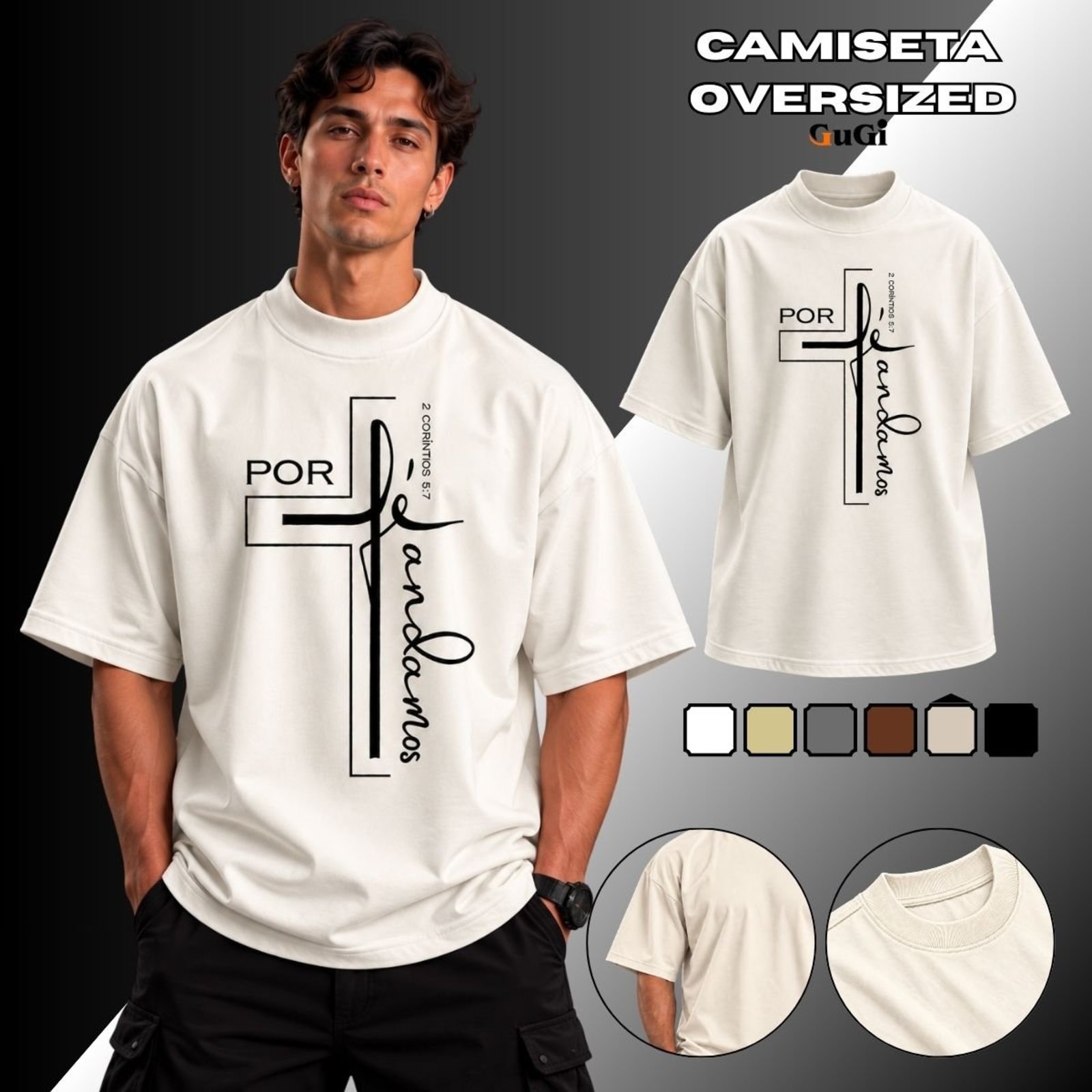Camiseta Masculina Oversized Por Fé Andamos 100% Algodão 30.1 Off White