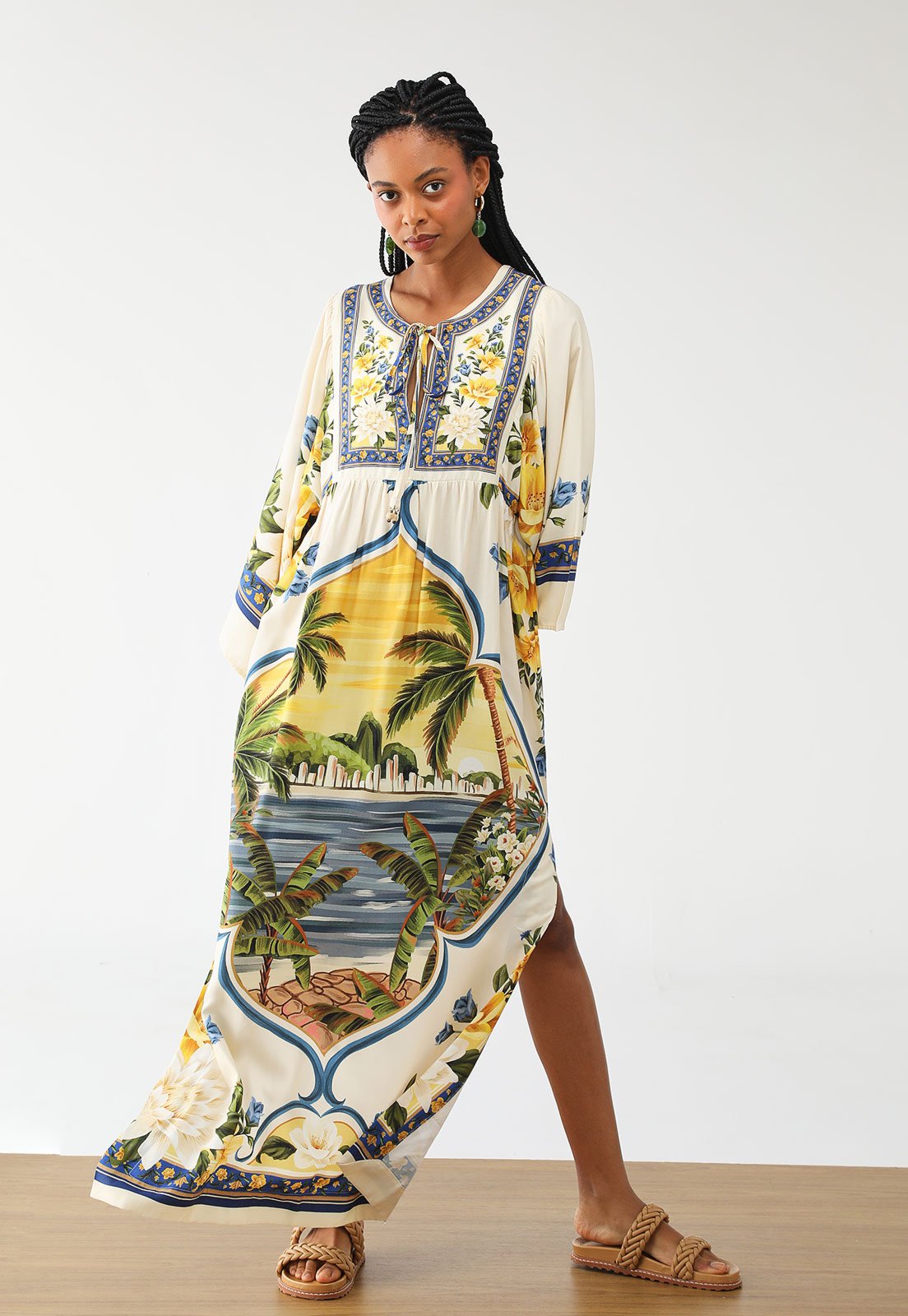 Vestido FARM Longo Flor do Rio Off-White