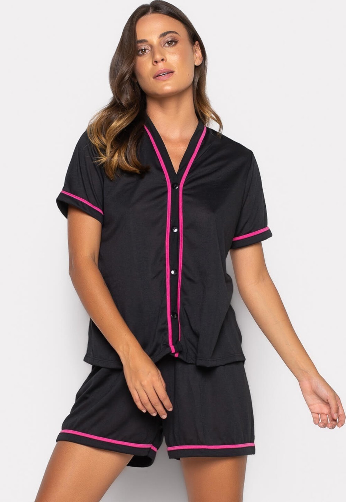 Pijama Bravaa Store Curto Baby Doll Americano Blogueirinha Botão Adulto Amamentação 021 Preto